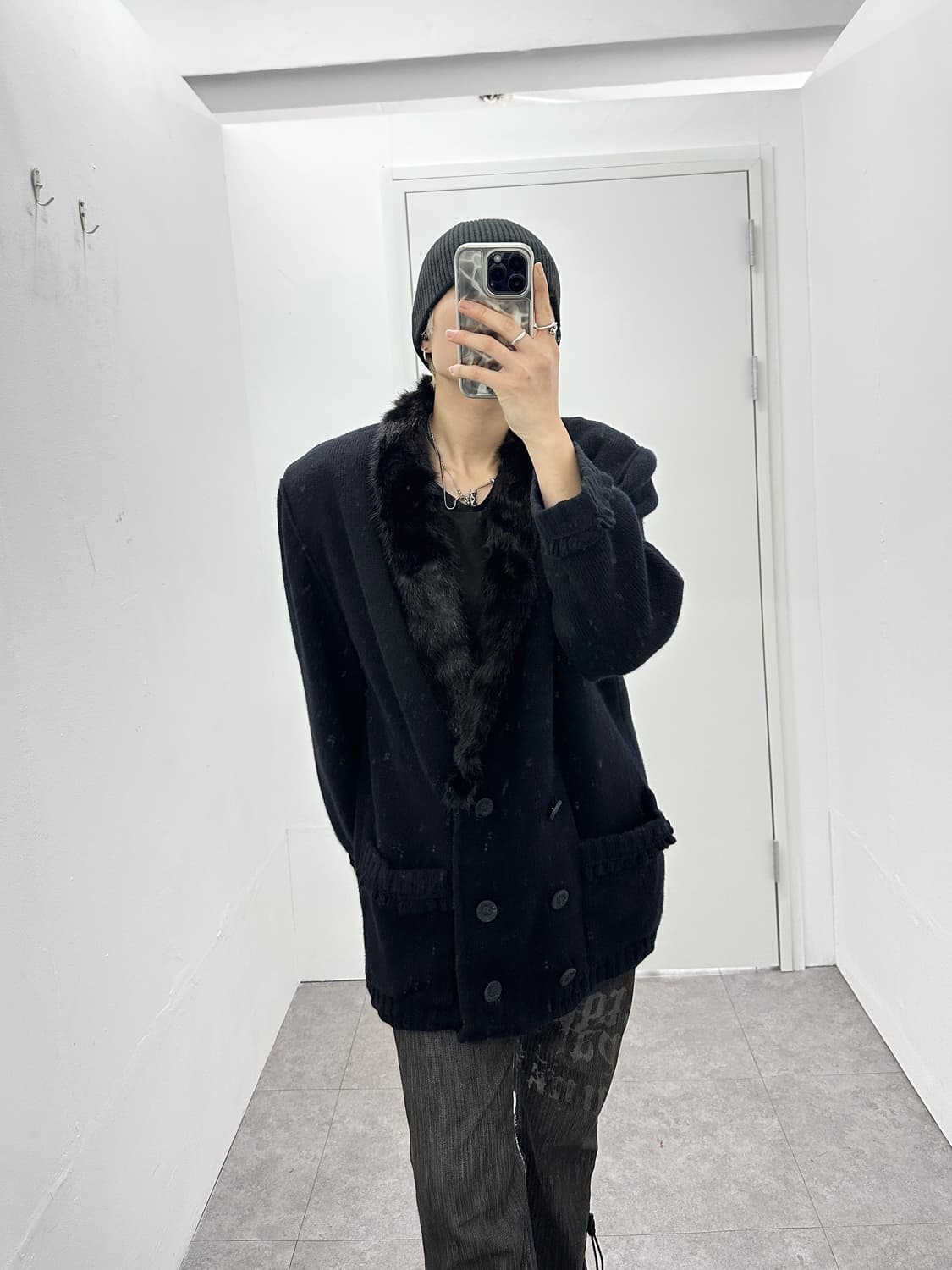 00s fur trimming double buttoned knit ja 상품이미지3