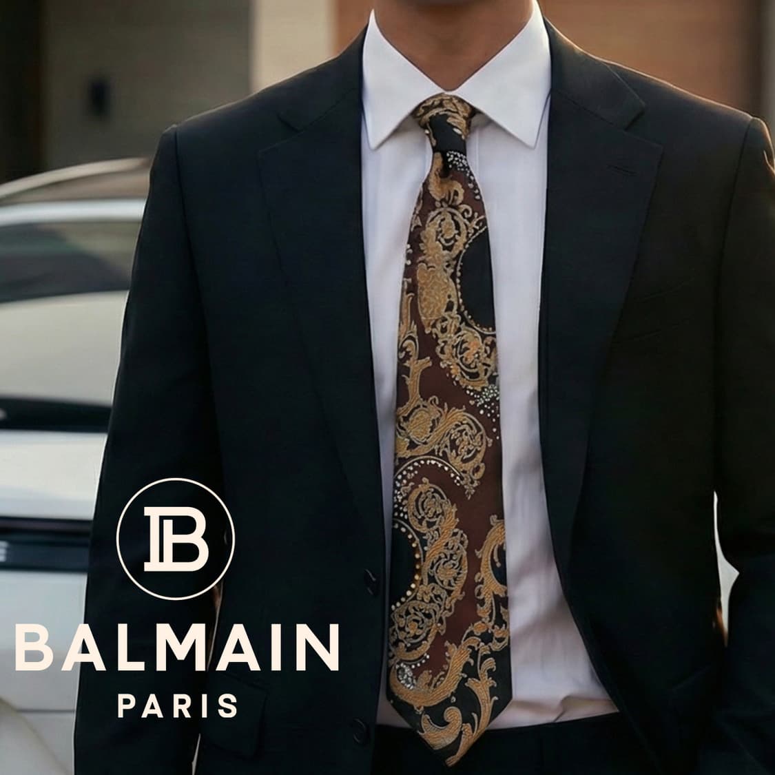 피에르 발망 실크 블랙 오너먼트 큐빅 넥타이 9.5cm A등급 K1578 상품이미지1