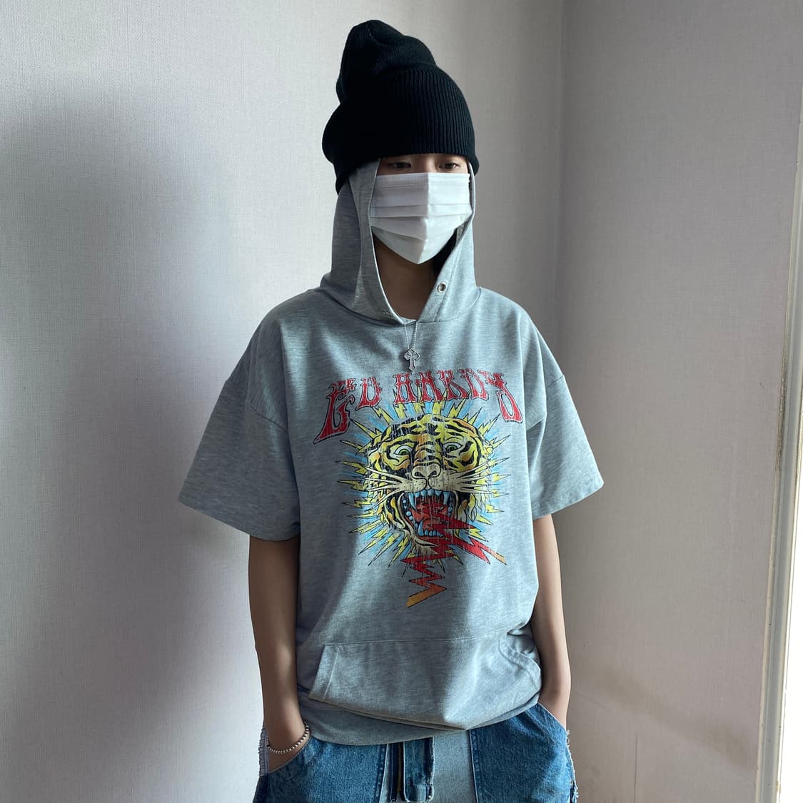 🐯 [에드하디] 빈티지 타이거 그래픽 반팔 후드티 상품이미지1