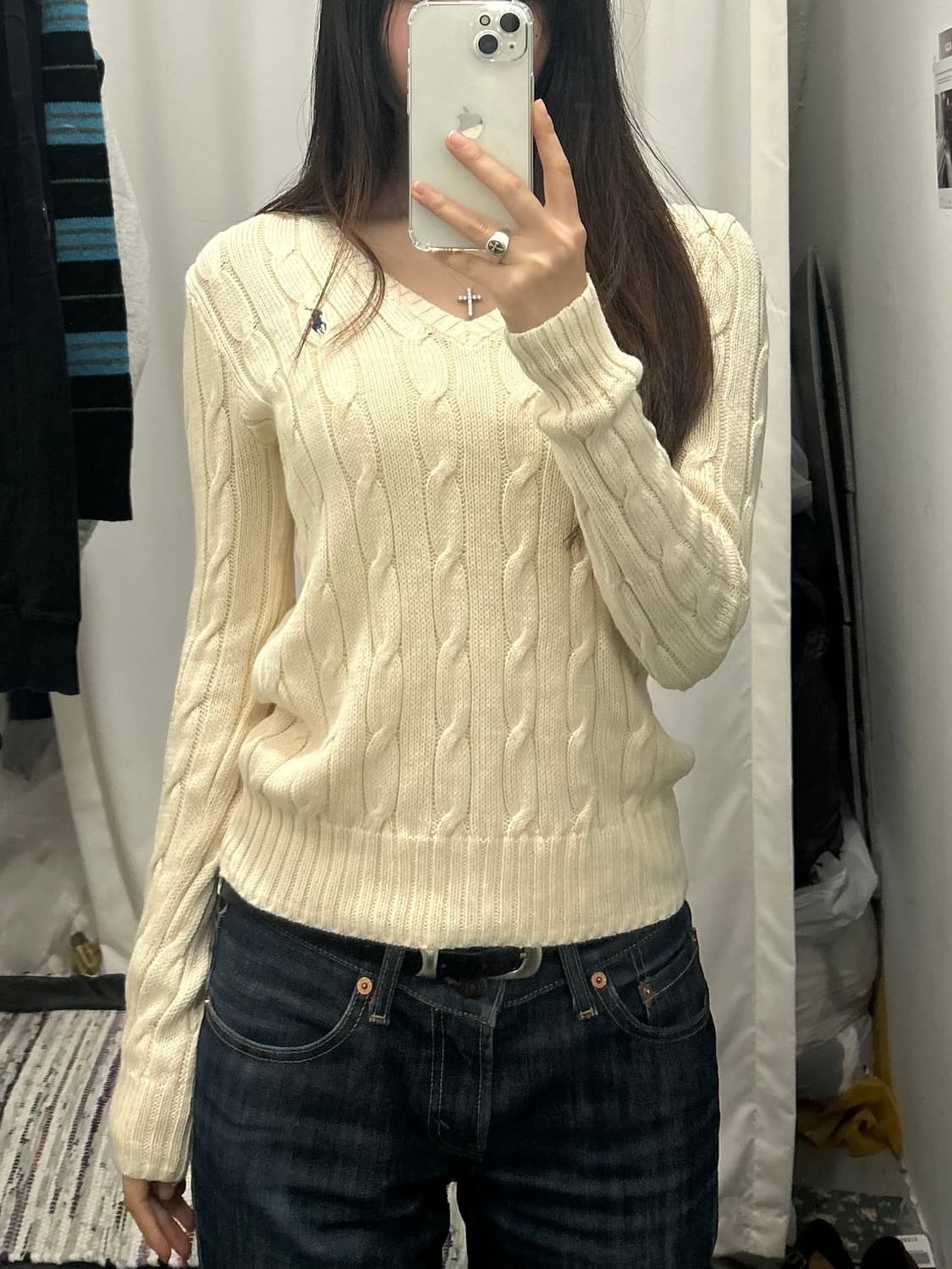 폴로 랄프로렌 케이블 스웨터 브이넥 아이보리 상품이미지1