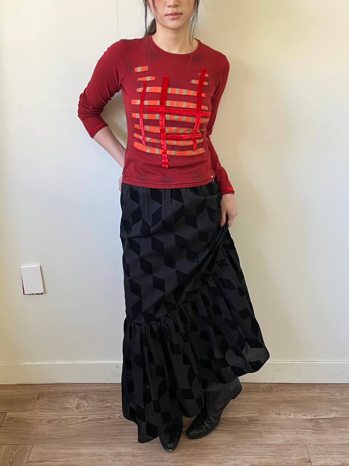 Japan vtg 아트 패치 롱 스커트 상품이미지3