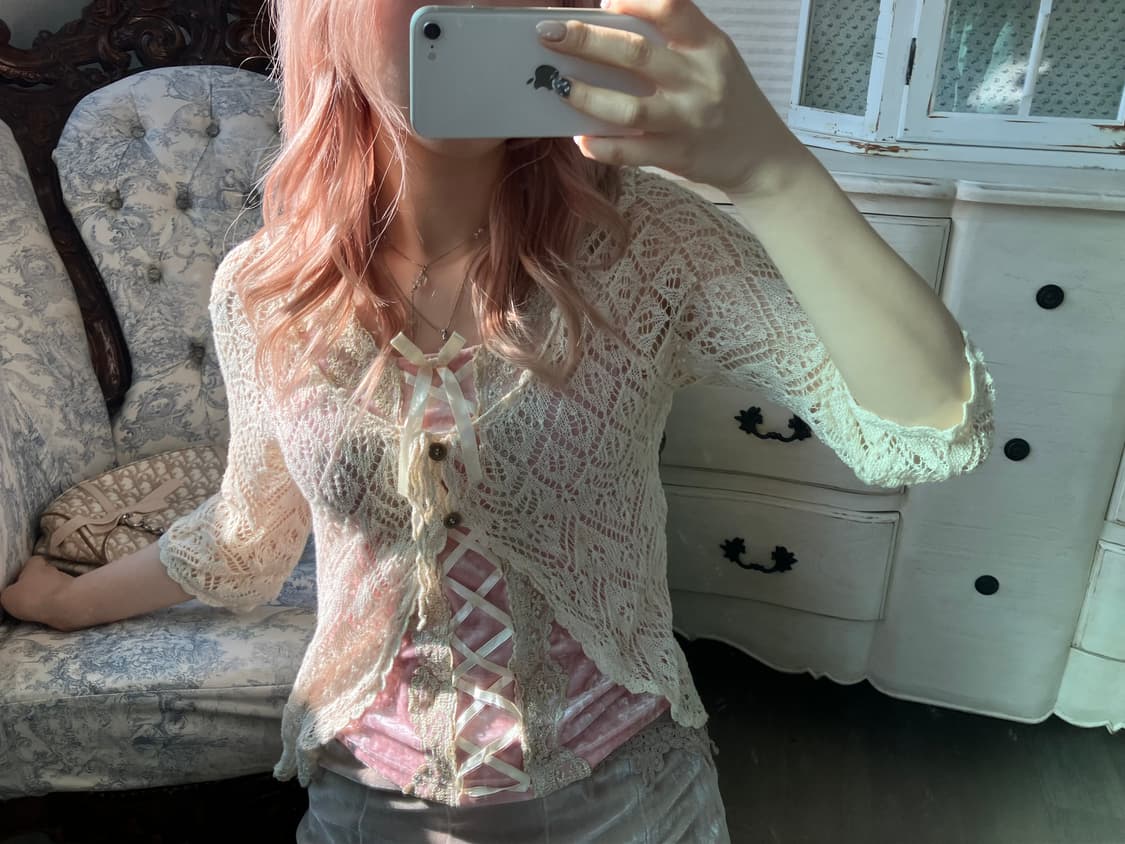 jpn vintage ivory crochet layered cardig 상품이미지2