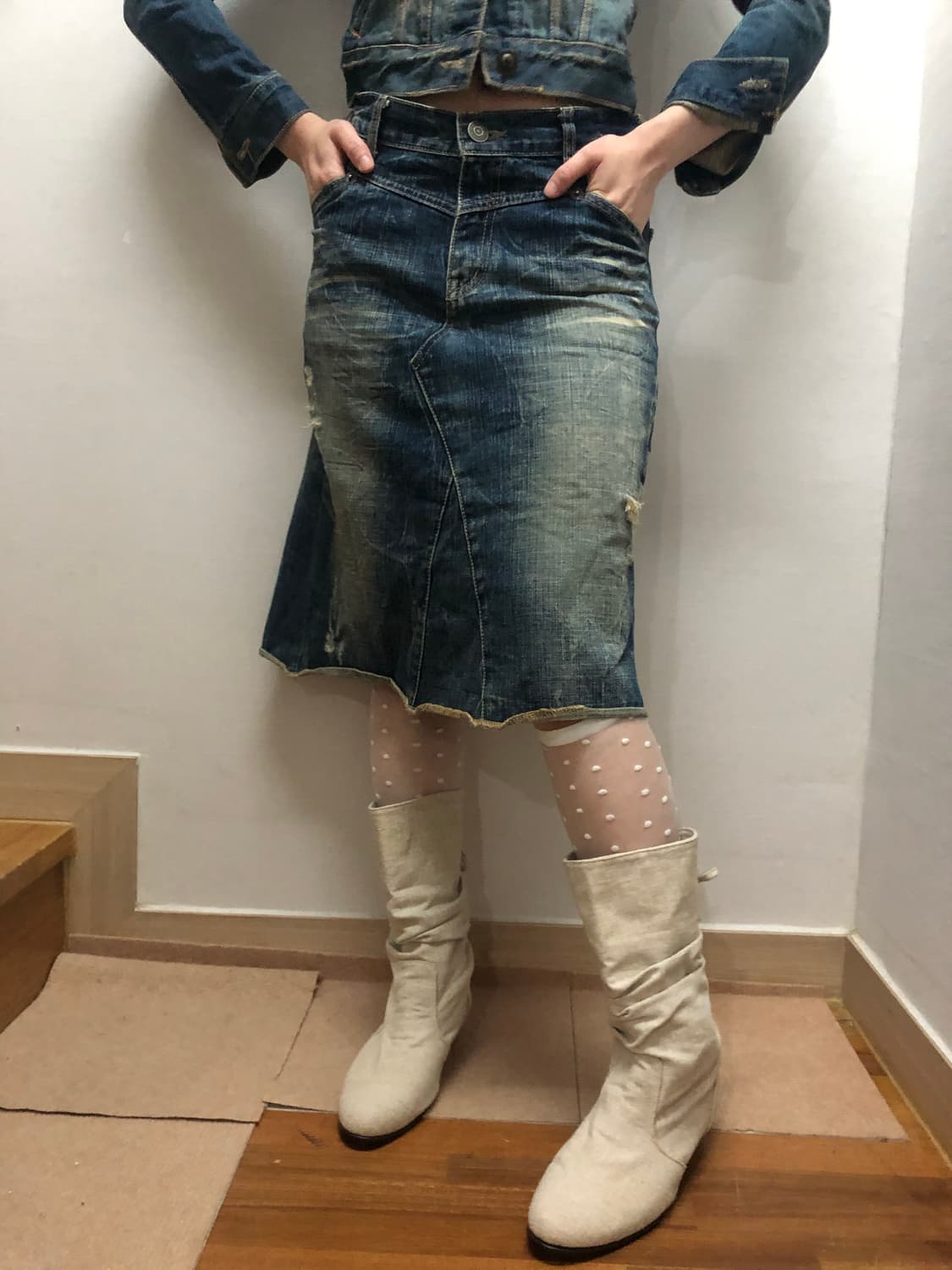 빈티지 데님 워싱 미디 스커트 상품이미지3