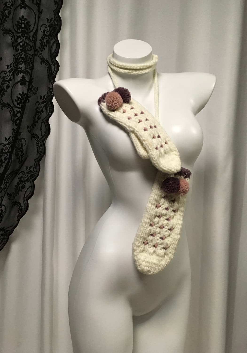 Vintage 하구미 모리걸 폼폼 뜨개 자수 벙어리 장갑 아이보리 상품이미지2