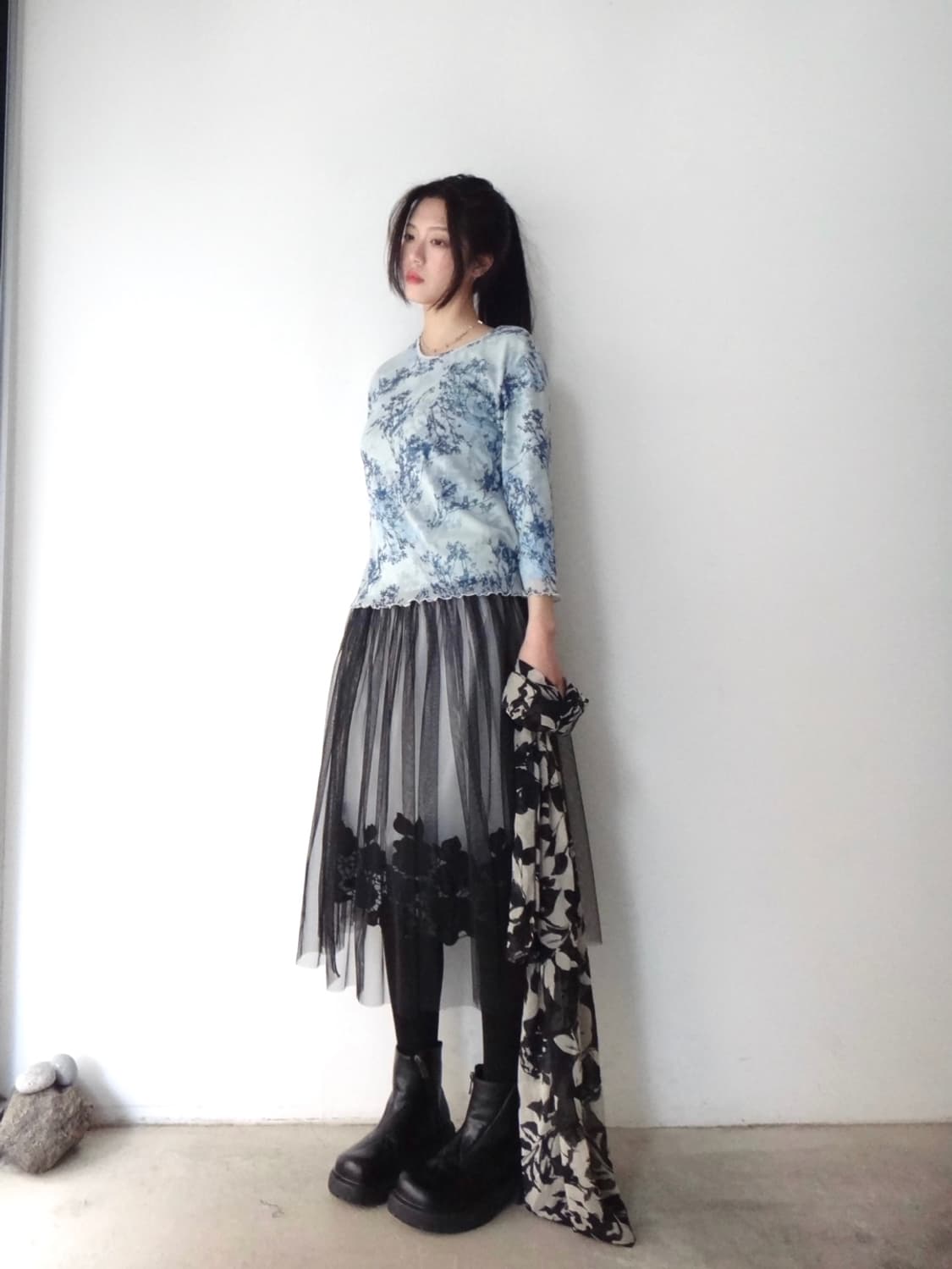 Floral jacquard tulle skirt / black 상품이미지6