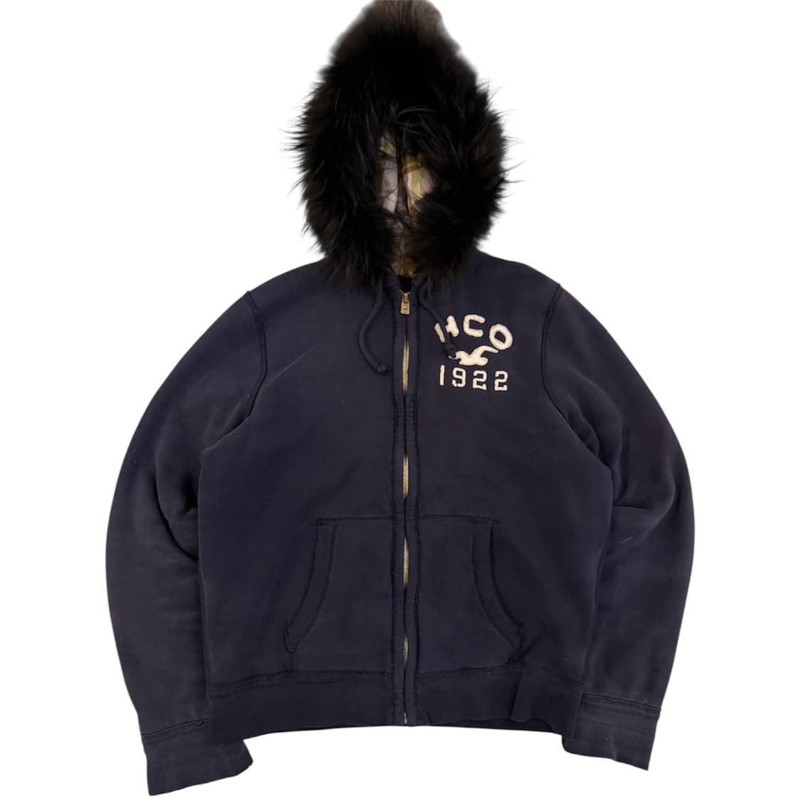 홀리스터 체크안감 울프죠 퍼 후드집업 네이비 상품이미지1