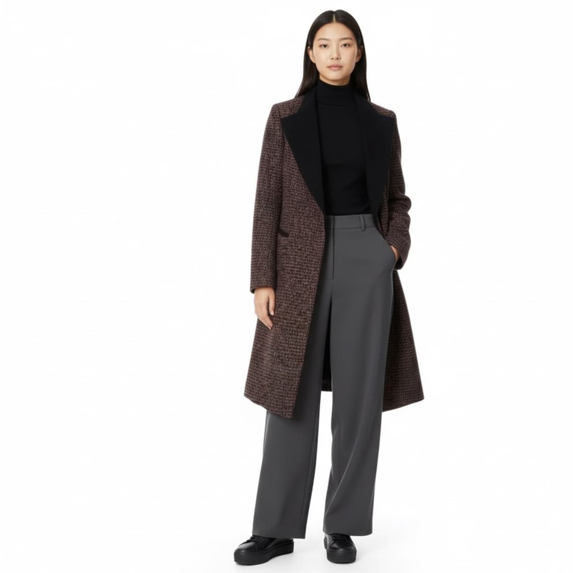 [82-94/55~66] 타임 레트로 체크 모직 롱코트 브라운 빈티지 상품이미지1