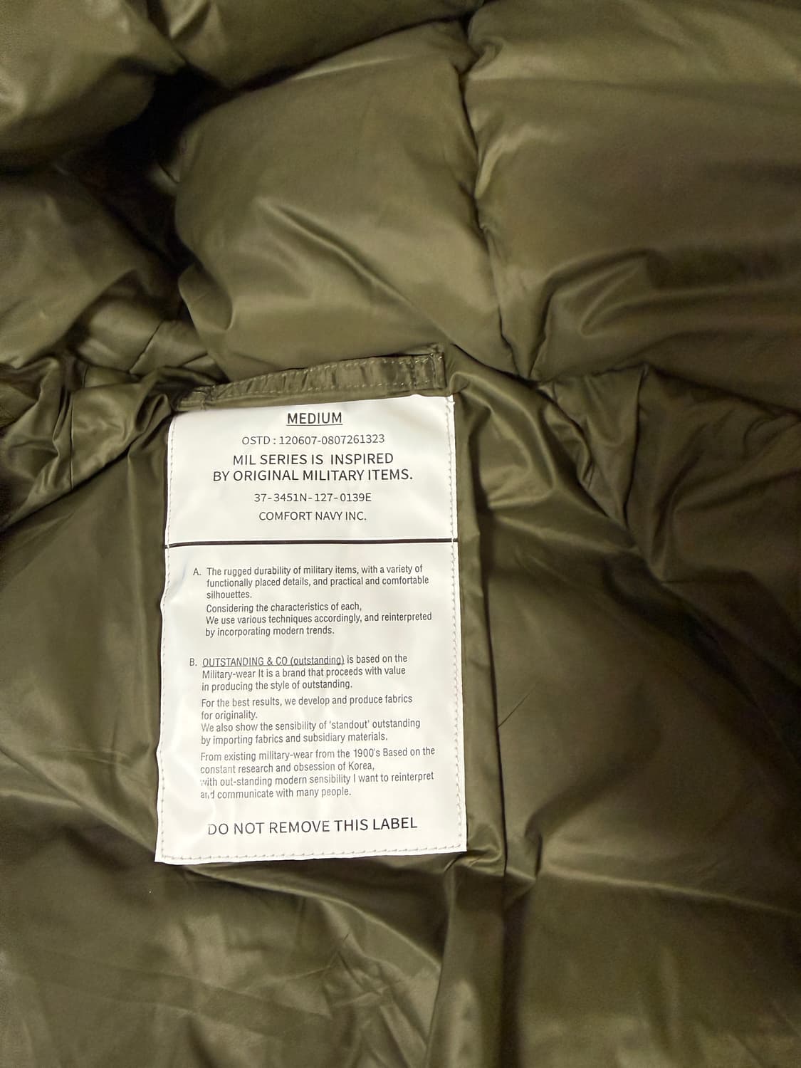 아웃스탠딩 N3B 구스다운 파카  올리브 M사이즈 상품이미지4