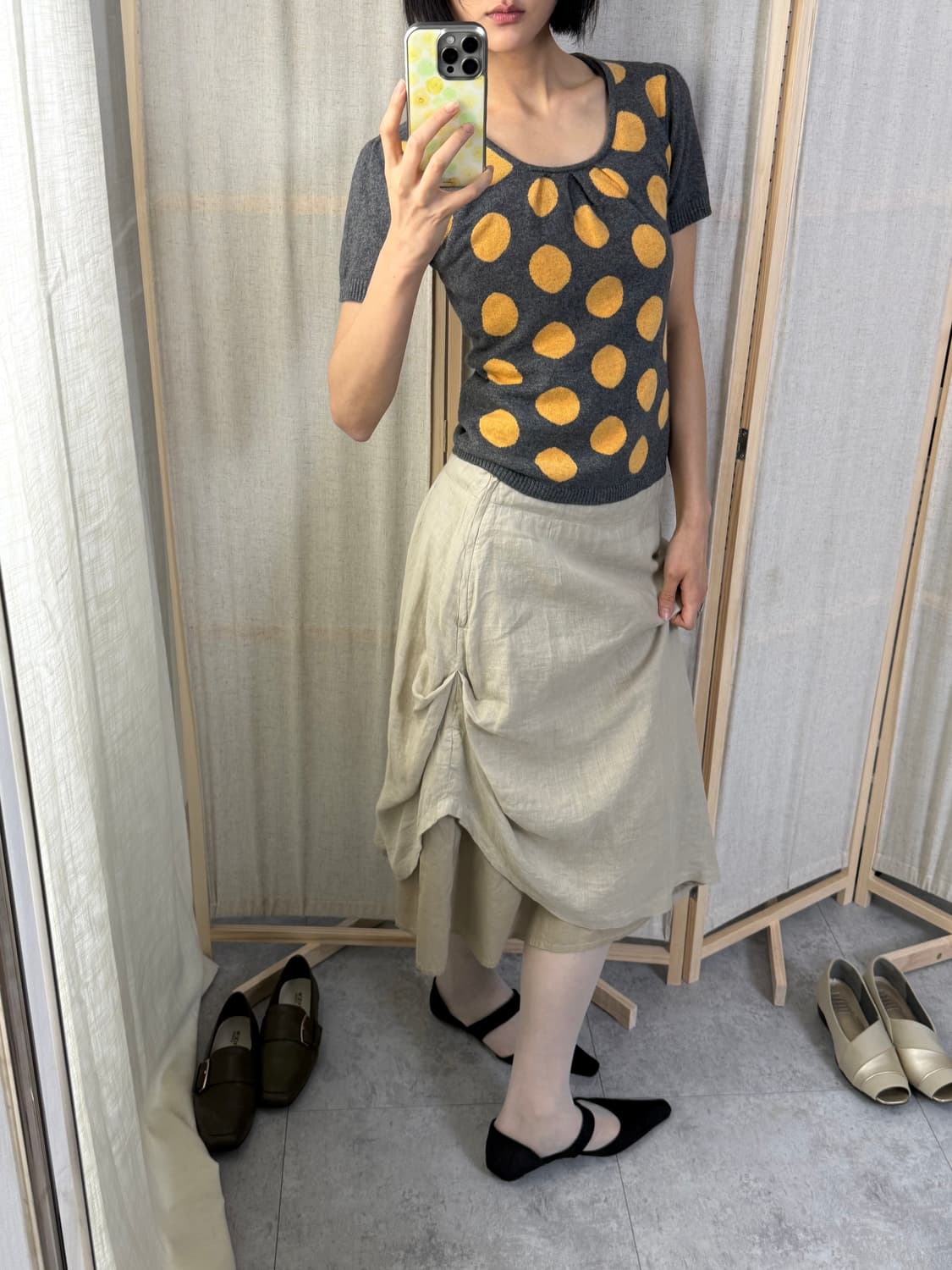 Pour Deux 린넨 셔링 미디스커트 상품이미지1