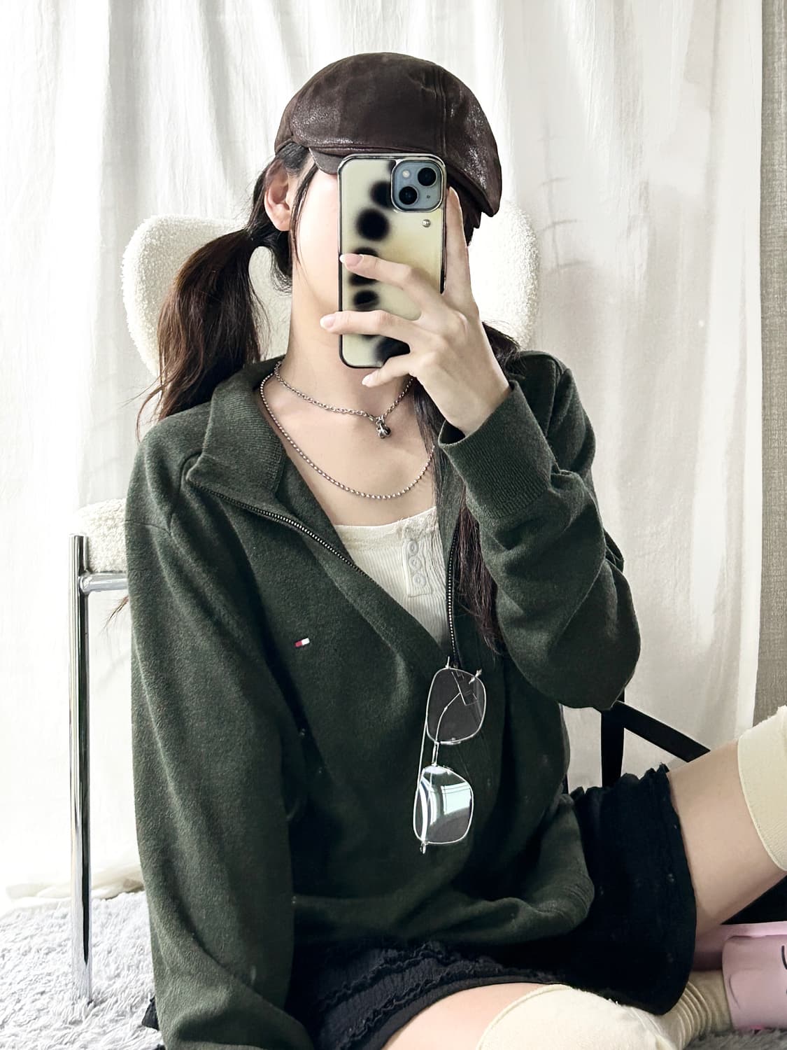 타미힐피거 스몰로고 캐시혼방 카키 니트집업 상품이미지3