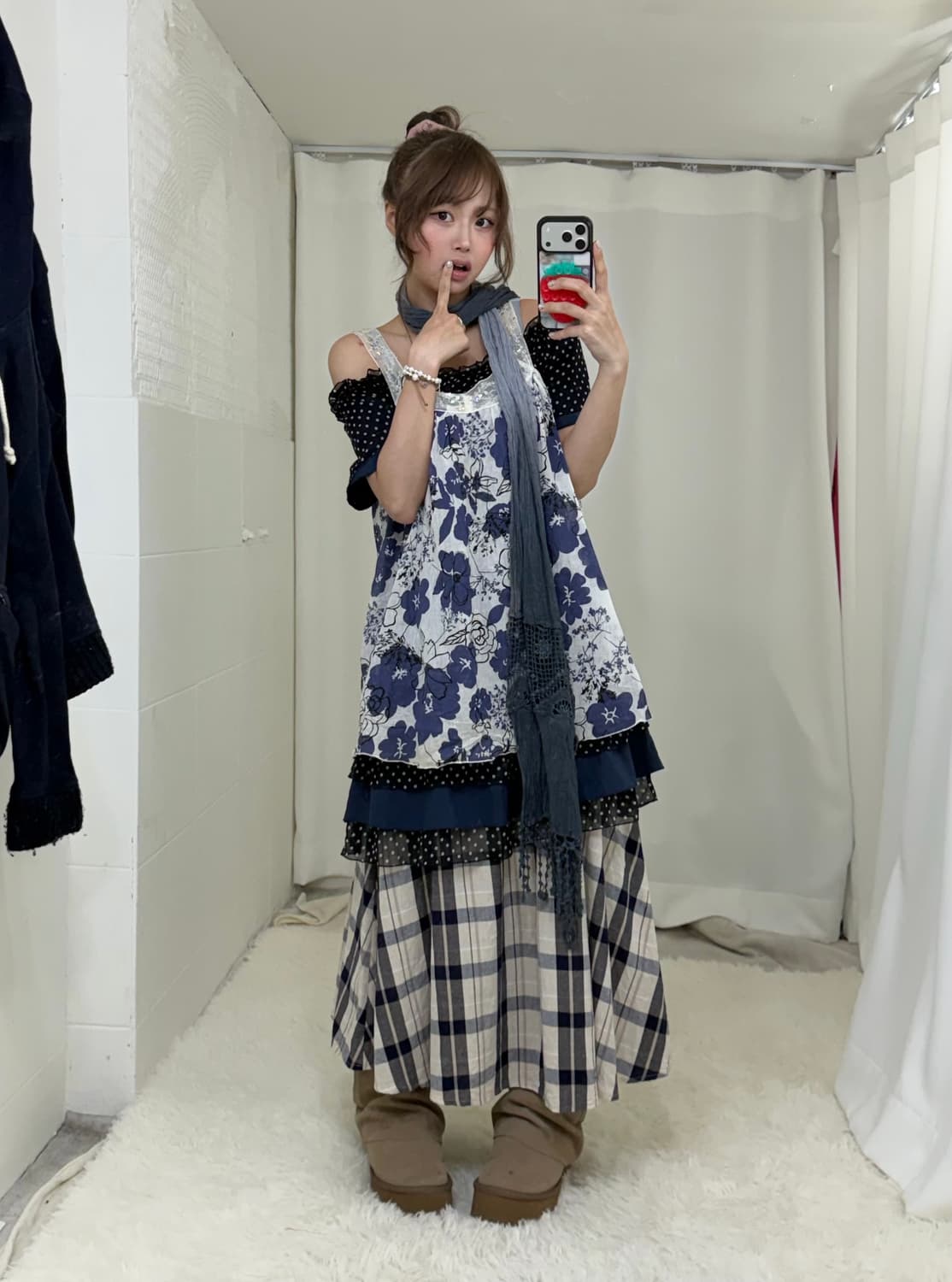네이비 플라워패턴 체크 도트 하구미 오프숄더 모리걸 코디세트 상품이미지3