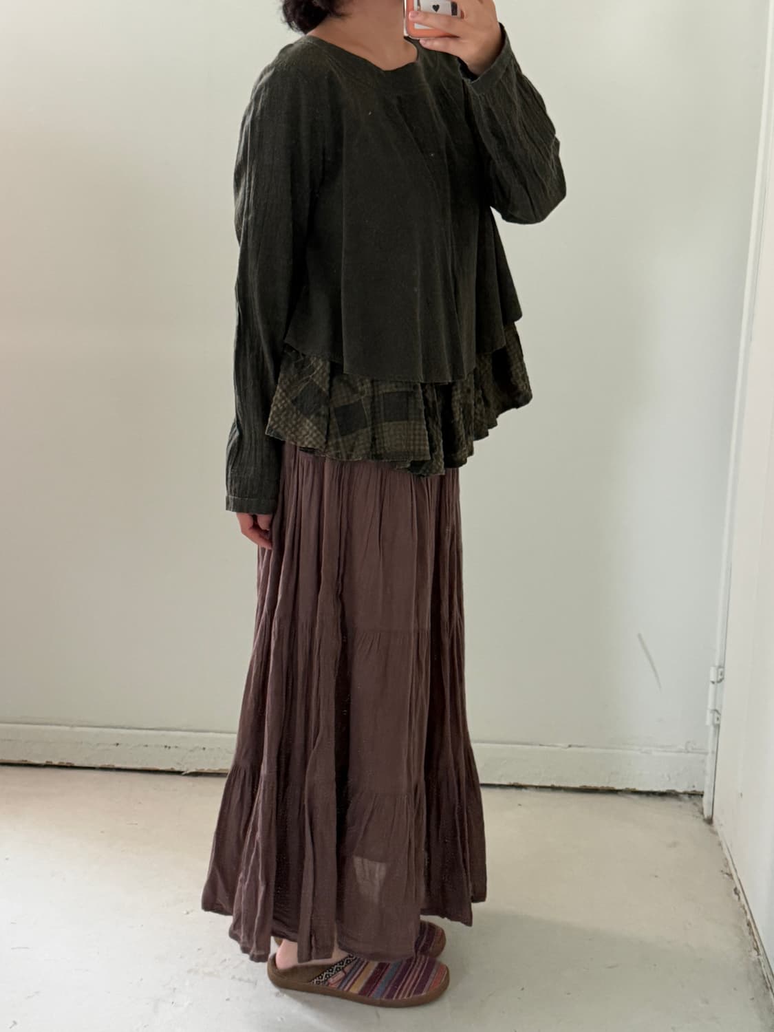 일본빈티지 하구미 올리브체크 블라우스 상품이미지5