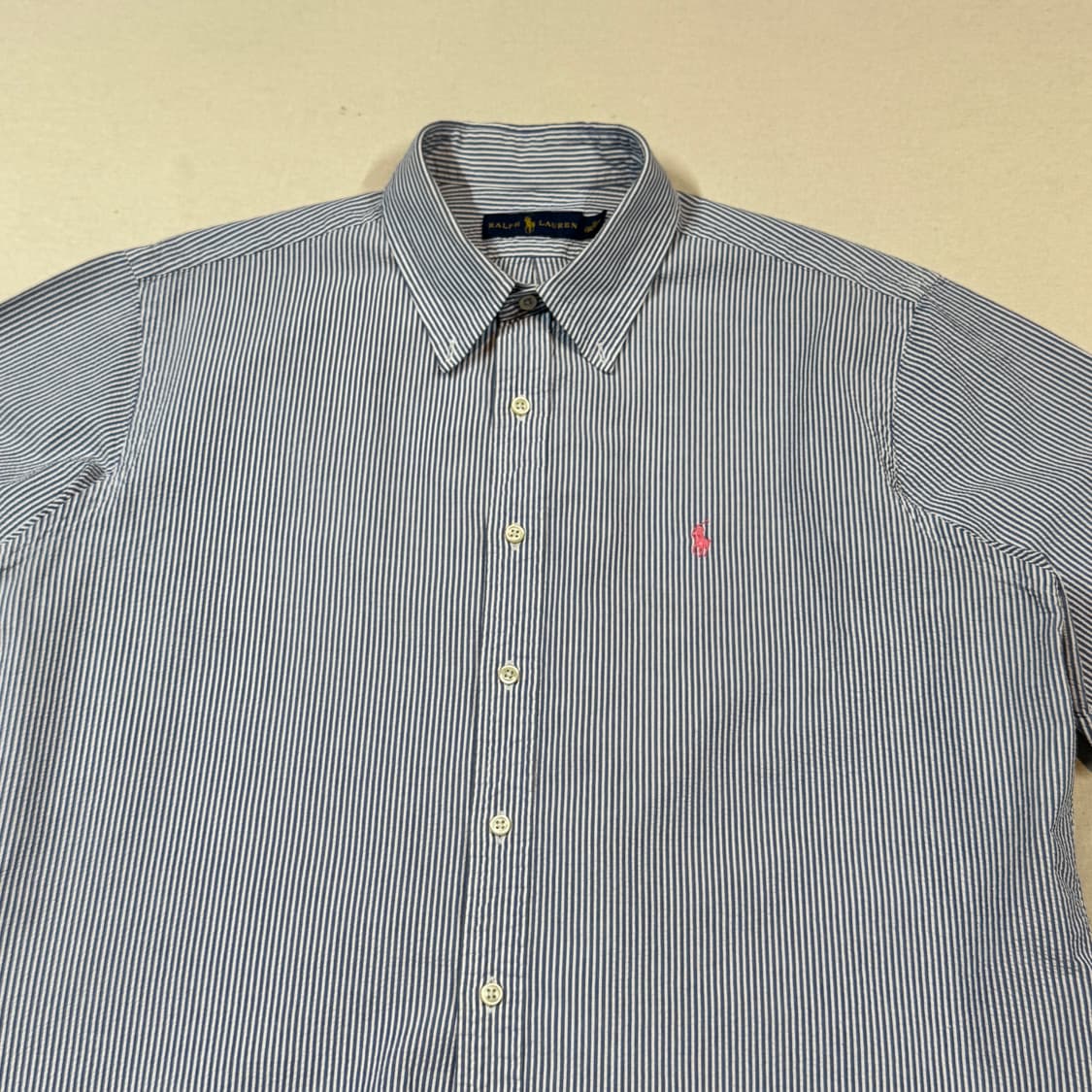 XL) 폴로 랄프로렌 클래식핏 블루 화이트 시어서커 반팔 셔츠 상품이미지3