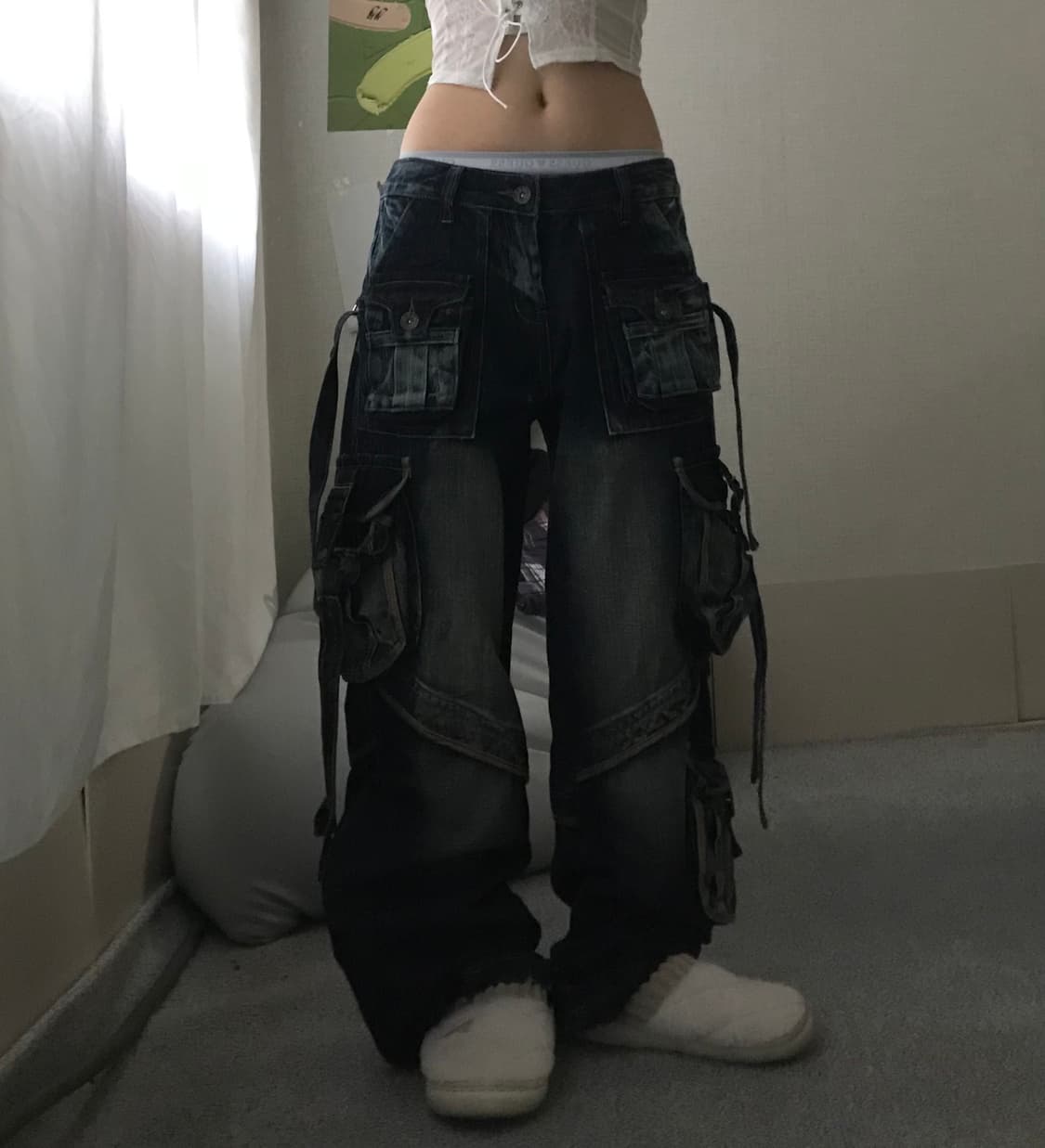 워시드 스트랩디테일 데님카고팬츠 상품이미지3