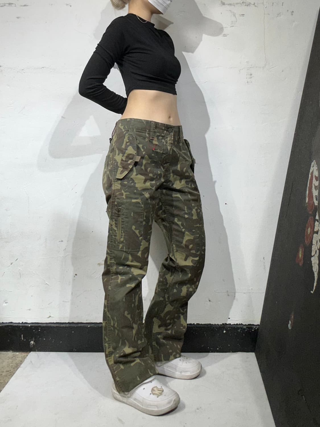 일본 빈티지 베이지 와이드 밀리터리 카모 카고 팬츠 L 상품이미지1