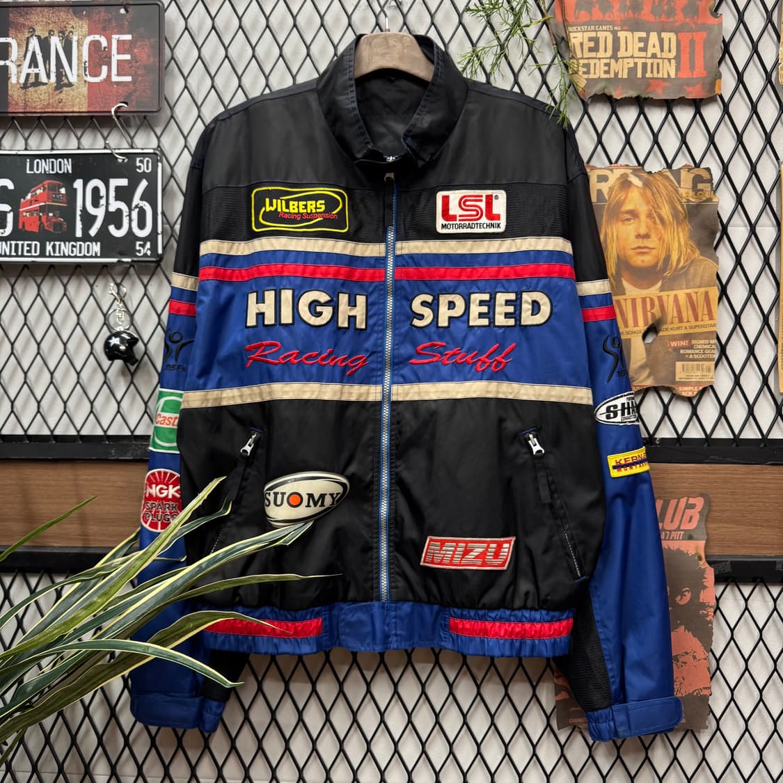 90s 스피글러 나일론 레이싱 자켓 전후면 로고 포인트 블루 블랙 상품이미지1