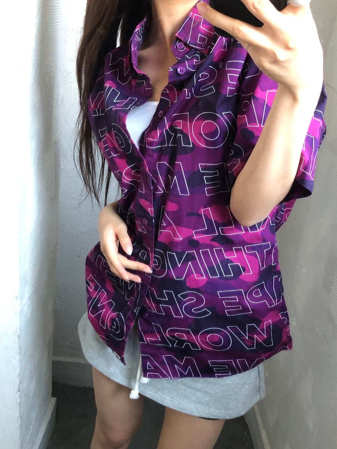 Bape 베이프 텍스트 카모 퍼플 피케 반팔 셔츠 상품이미지1