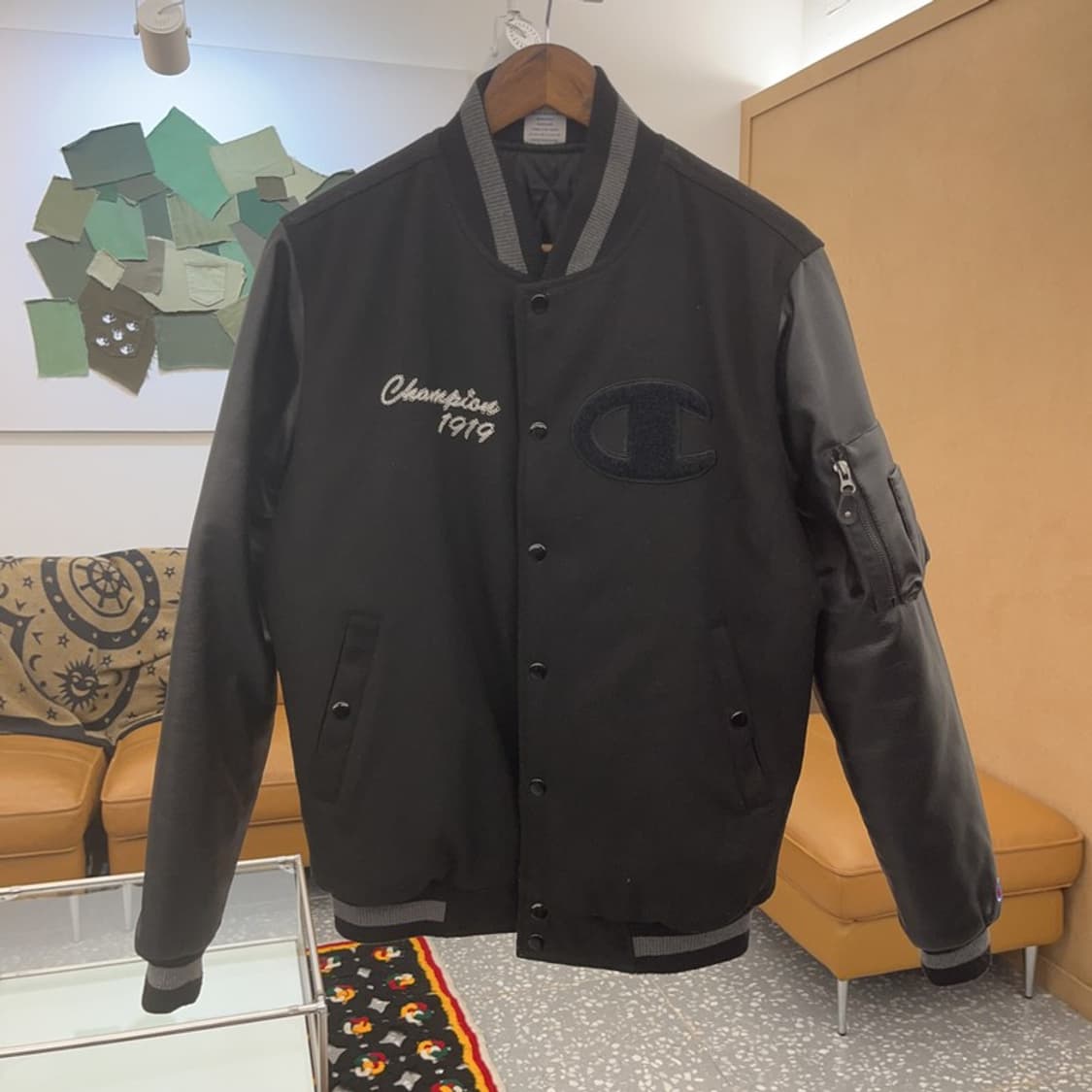 챔피온 빅로고 레더 오버핏 누빔 스타디움 바시티 자켓 M C07825 상품이미지3