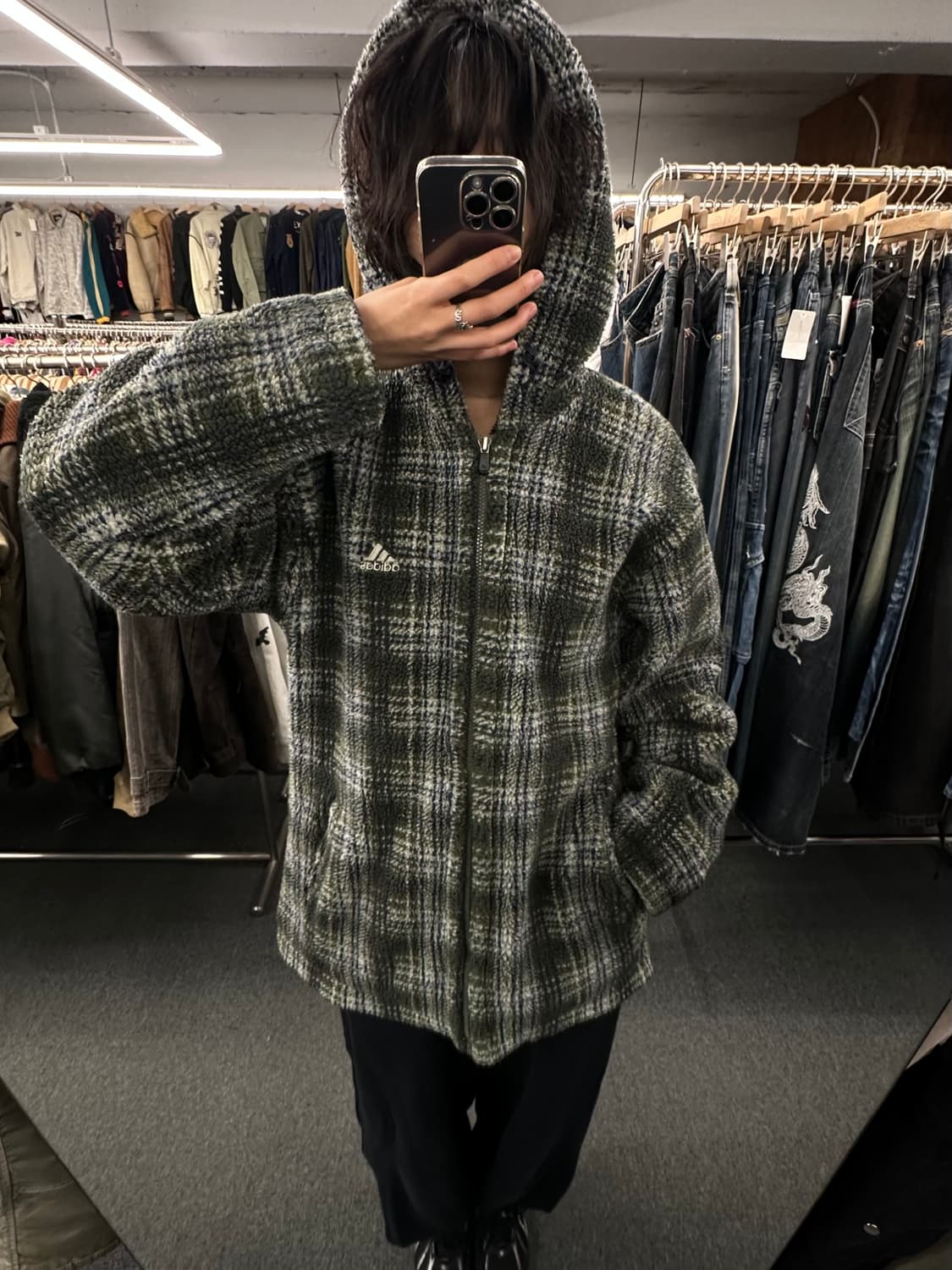 105)90’s 아디다스 빈티지 셰르파 체크 후드 자켓 상품이미지2