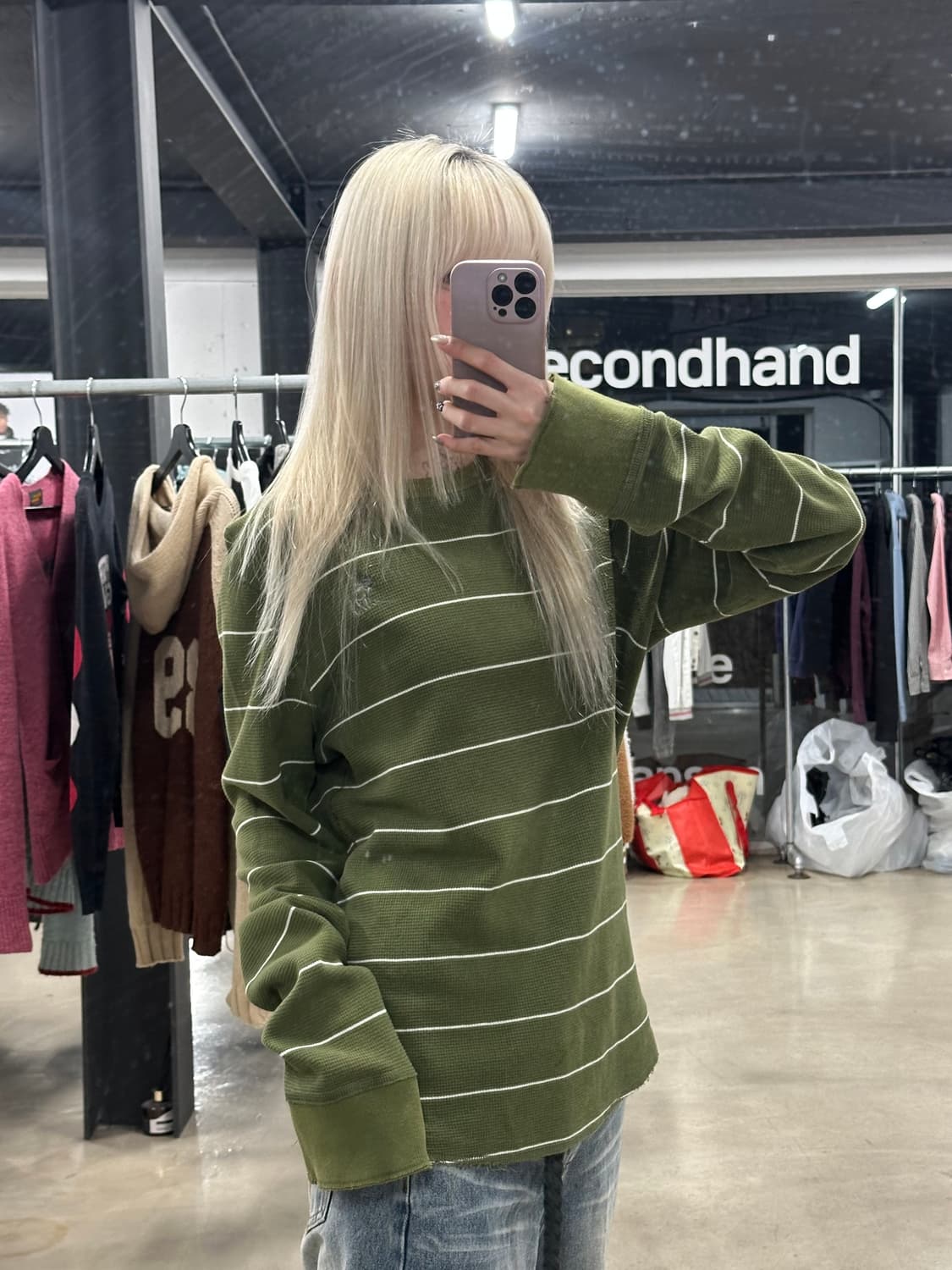  아베크롬비 Abercrombie 올리브그린 스트라이프 니트 롱슬리브 상품이미지1