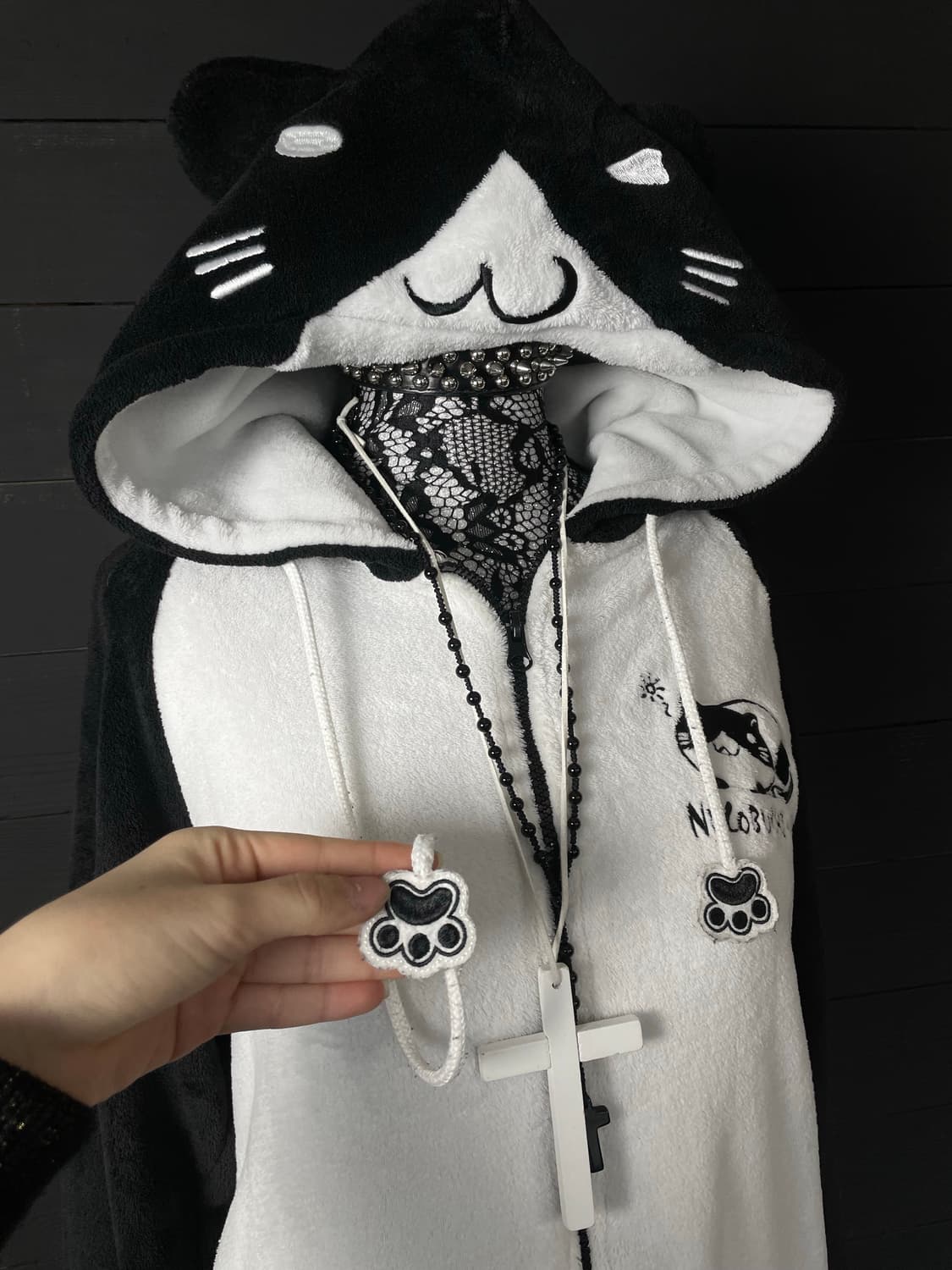 JPN 네코미미 발젤리 나그랑 블랙 화이트 후드집업 상품이미지4