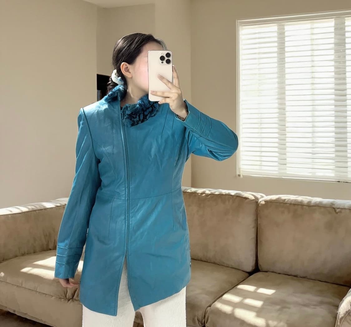 빈티지 블루 레오파드 래빗퍼 양가죽자켓 상품이미지1