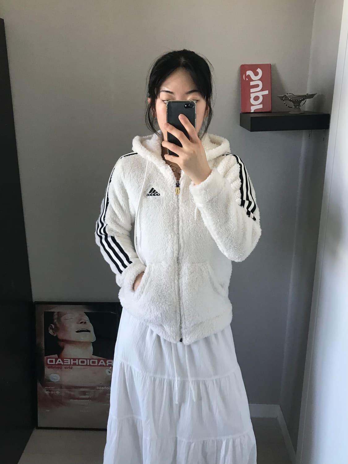 아디다스 삼선 로고 사이드라인 아이보리 플리스 후드집업 상품이미지3