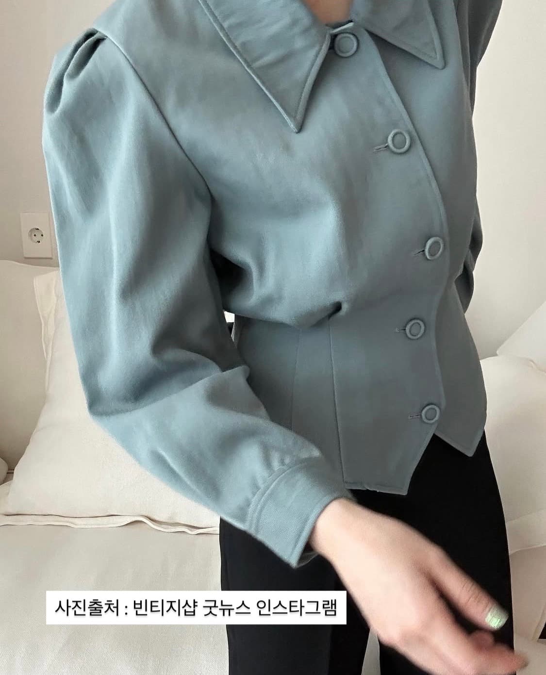 빈티지 ) 딥민트 퍼프 울 블라우스 상품이미지1