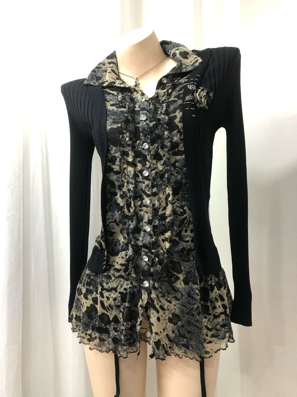 글리터 호피패턴 가디건 레이어드 원피스 상품이미지3