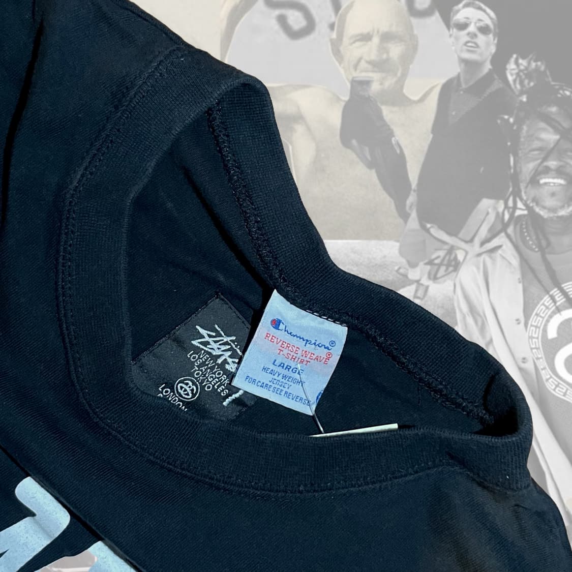 챔피온x스투시 검정 반팔 상품이미지3