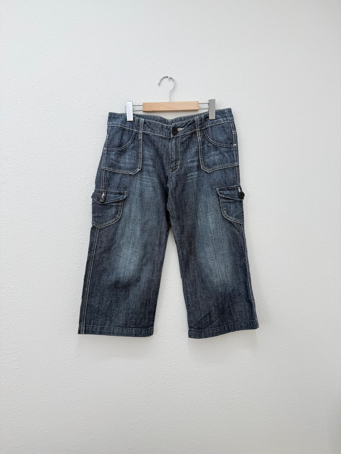 빈티지 블루 데님 카고 와이드 카프리 팬츠 상품이미지1