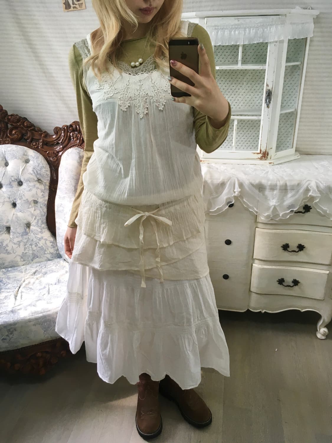 Set)카키민트 레이스나시 + 올리브롱슬리브 + 모리 레이스 원피스 상품이미지4