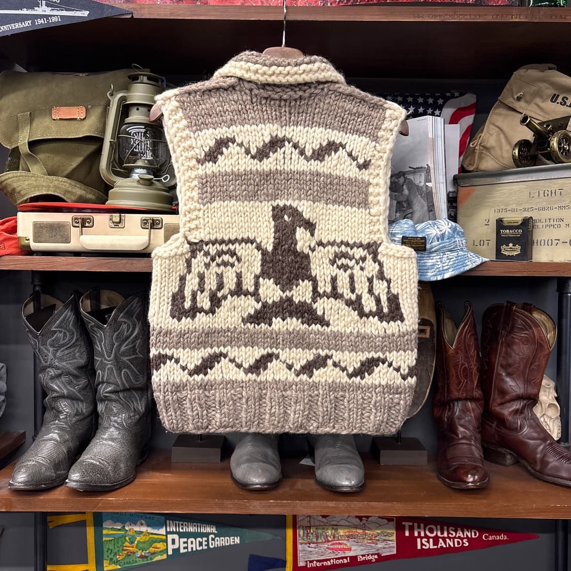 80s YKK 지퍼 단풍 썬더버드 패턴 헤비울 코위찬 베스트 N105 상품이미지2