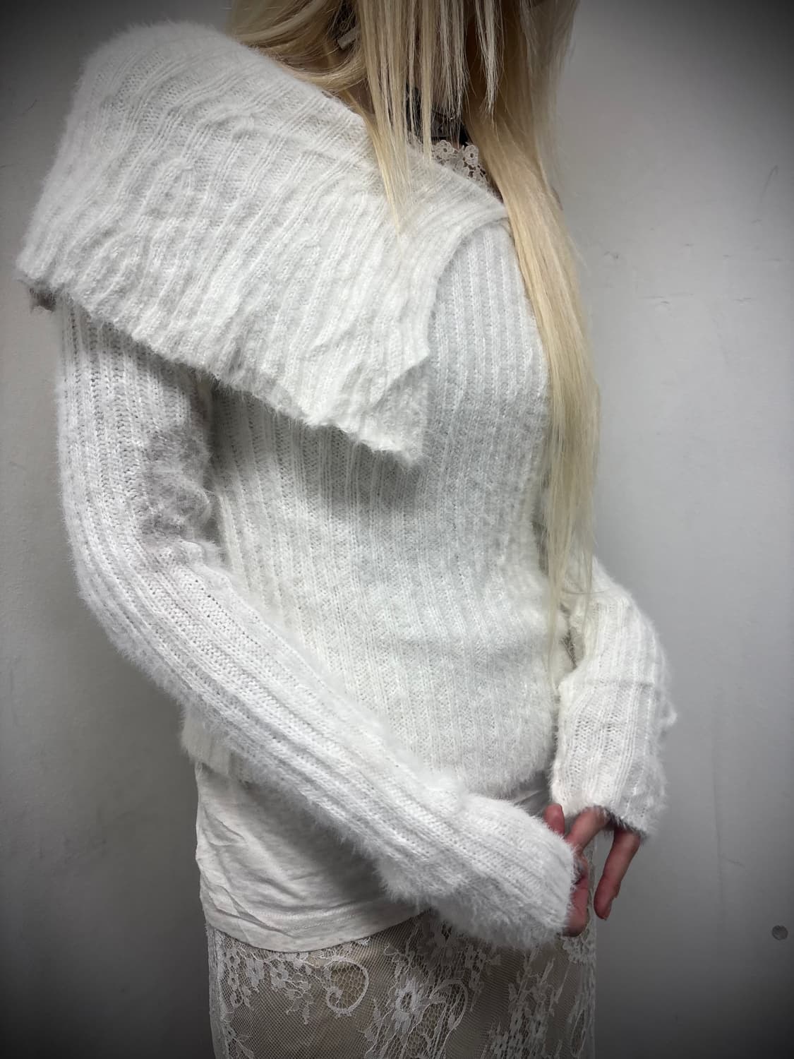 “Vintage” 00‘s Off Shoulder White Knit S 상품이미지8