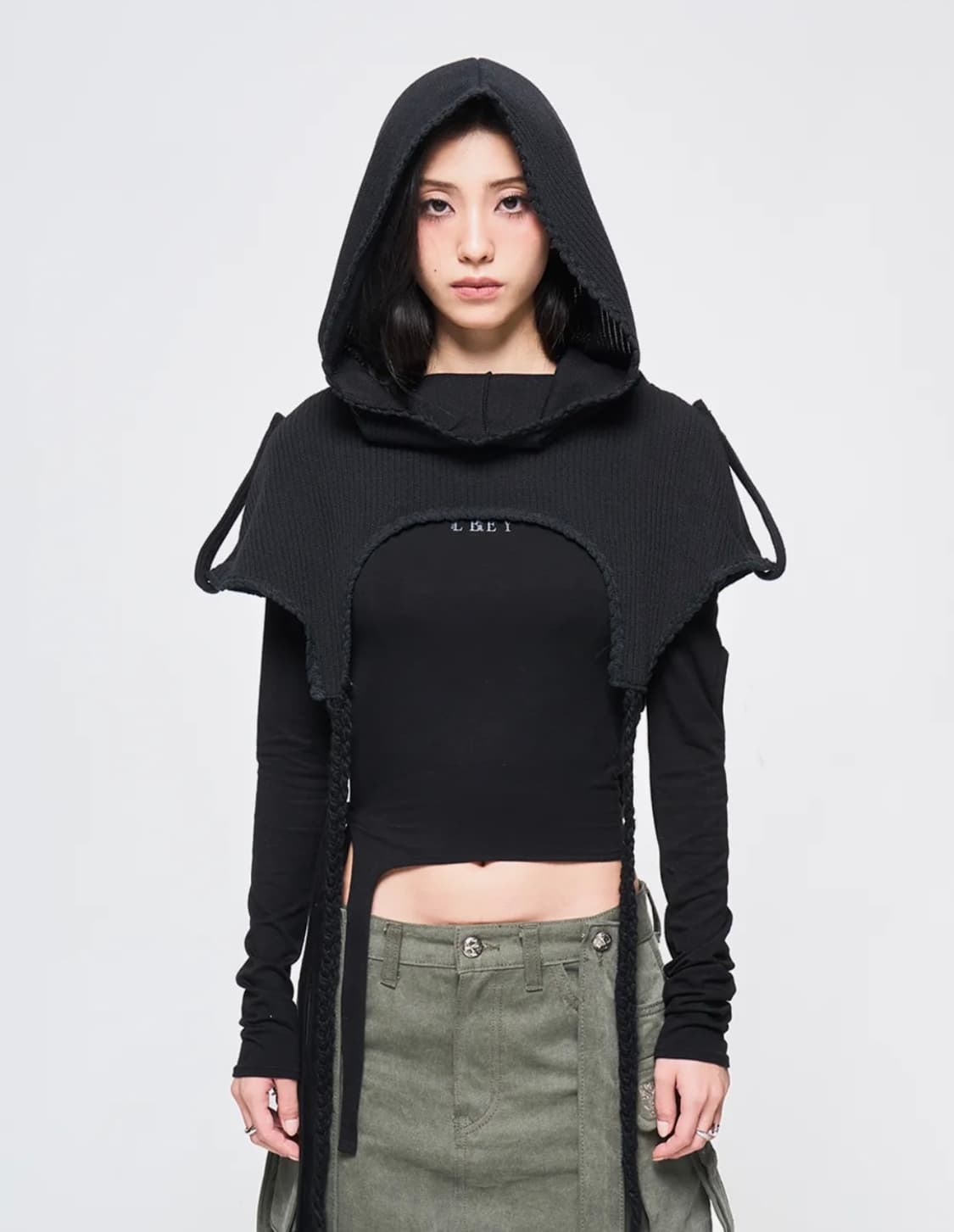 yeel BRAIDED STRAP CAPE HOODIE BLACK 상품이미지1