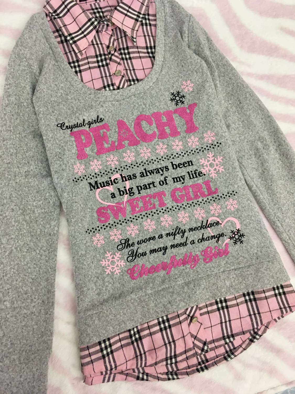 핑크 체크 레이어드 눈꽃 탑 니트 셔츠 로걀탑 갸루 캐캐체 헤이세이 상품이미지3