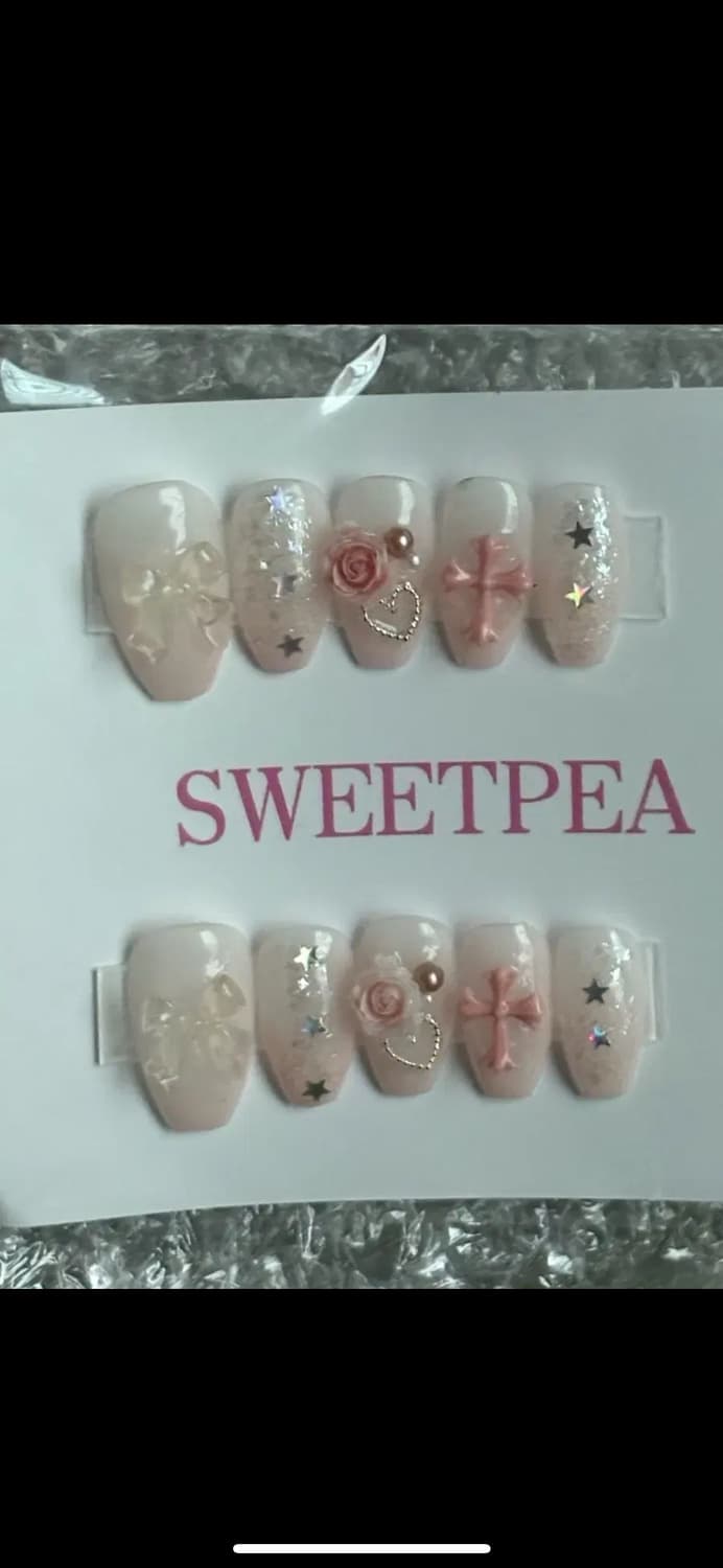 숏오발 네일팁 십자가 리본 y2k 러블리 빈티지 큐트 상품이미지1