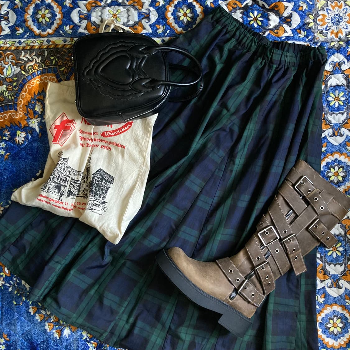 빈티지 아메카지 그린 네이비 타탄체크 밴딩 롱 플레어 스커트 치마 상품이미지1