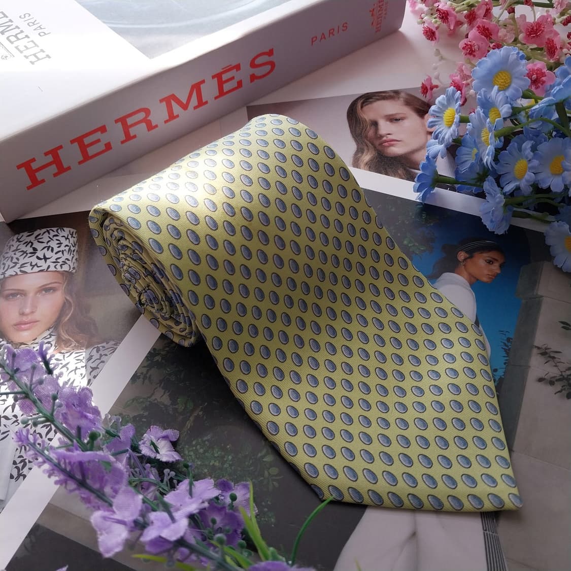 에르메스 라임 병아리 모티브 넥타이 9.3cm B등급 K2551
 상품이미지3