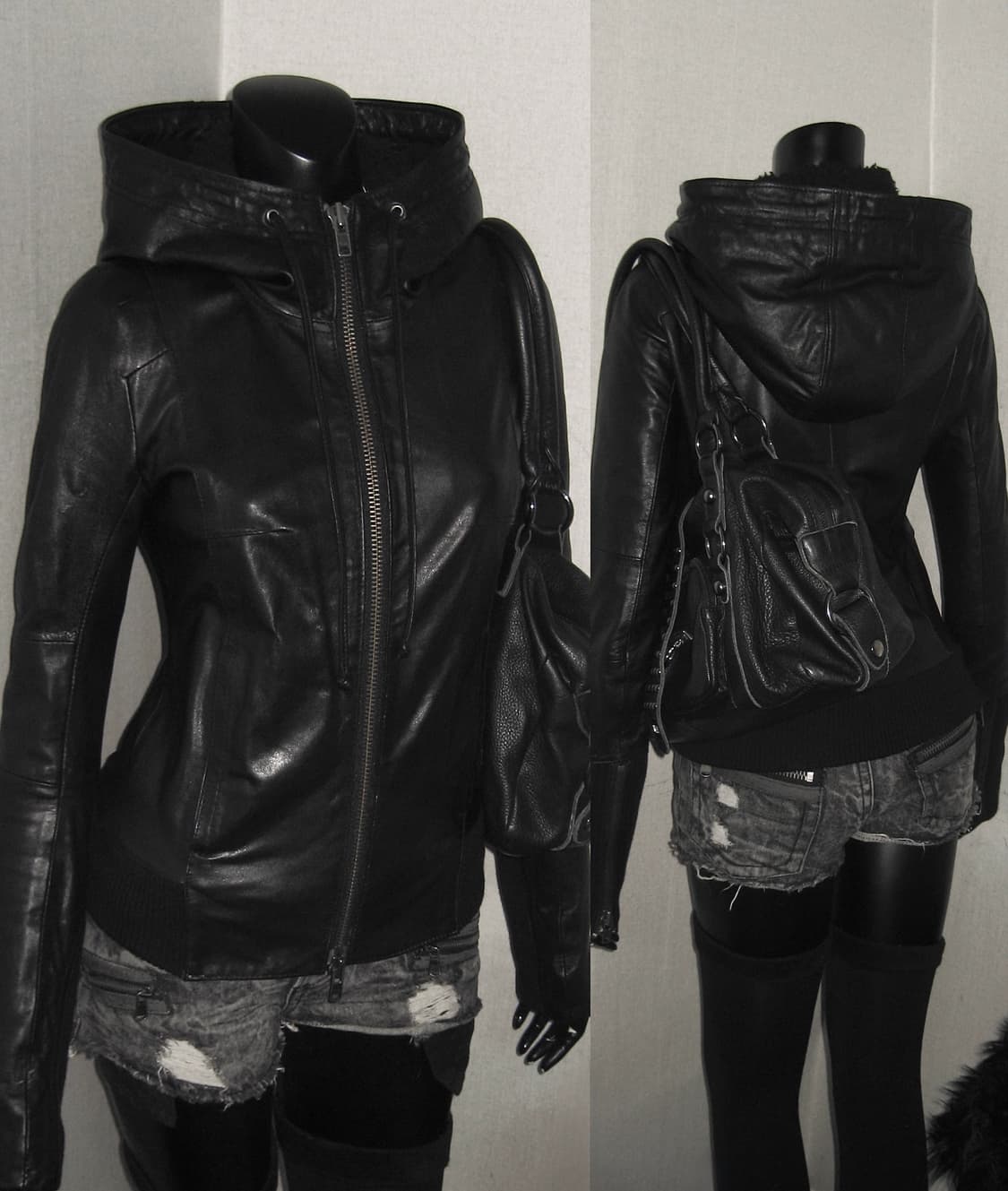 Moussy 마우지 하이넥 양 가죽 쉽스킨 후드 레더 자켓 집업 상품이미지1