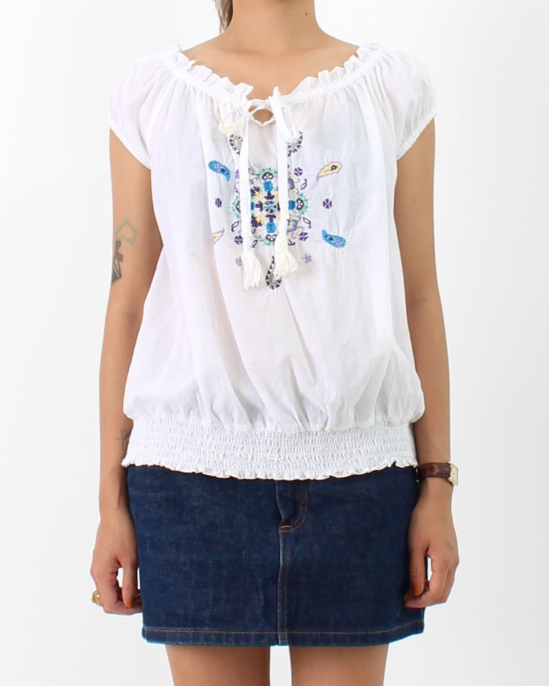 유럽 빈티지 에스닉 자수 코튼 여름 화이트 블라우스 상품이미지8