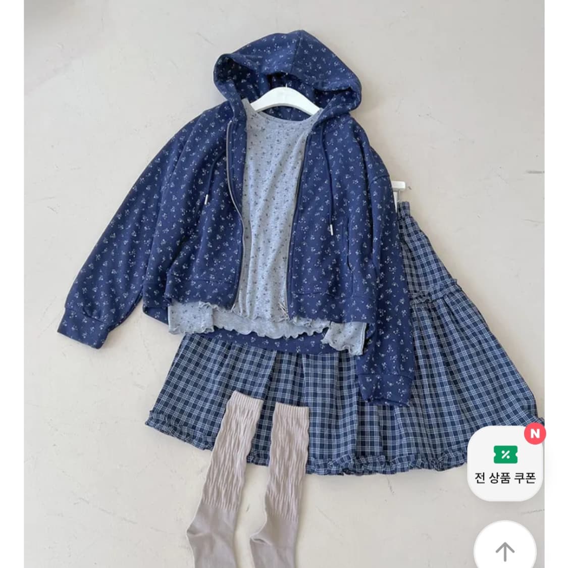 3점 코디 세트)네이비튜튜 후드집업 티셔츠 미디스커트 플로럴 체크 상품이미지1