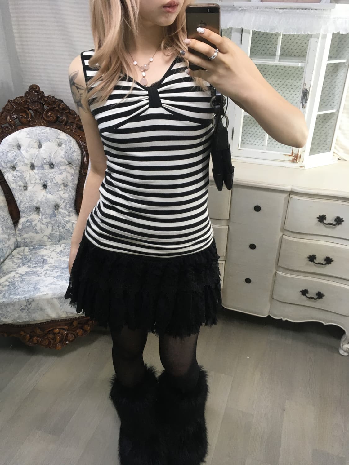 일본빈티지 스트라이프 리본 슬리브리스 상품이미지4