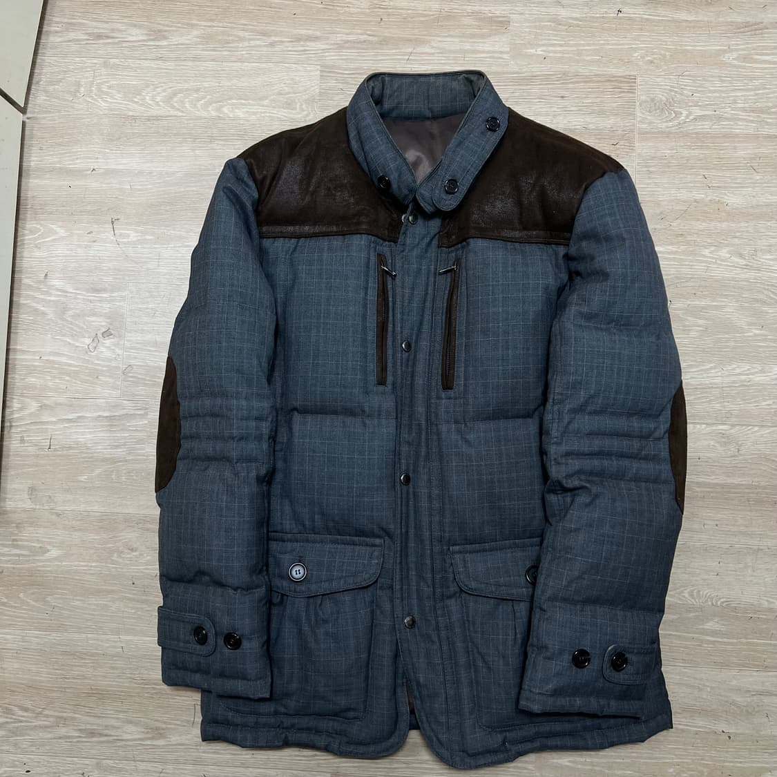 에스티코 덕다운 엘보패치 배색 체크 패딩 점퍼 [그레이] 2XL/110 상품이미지1