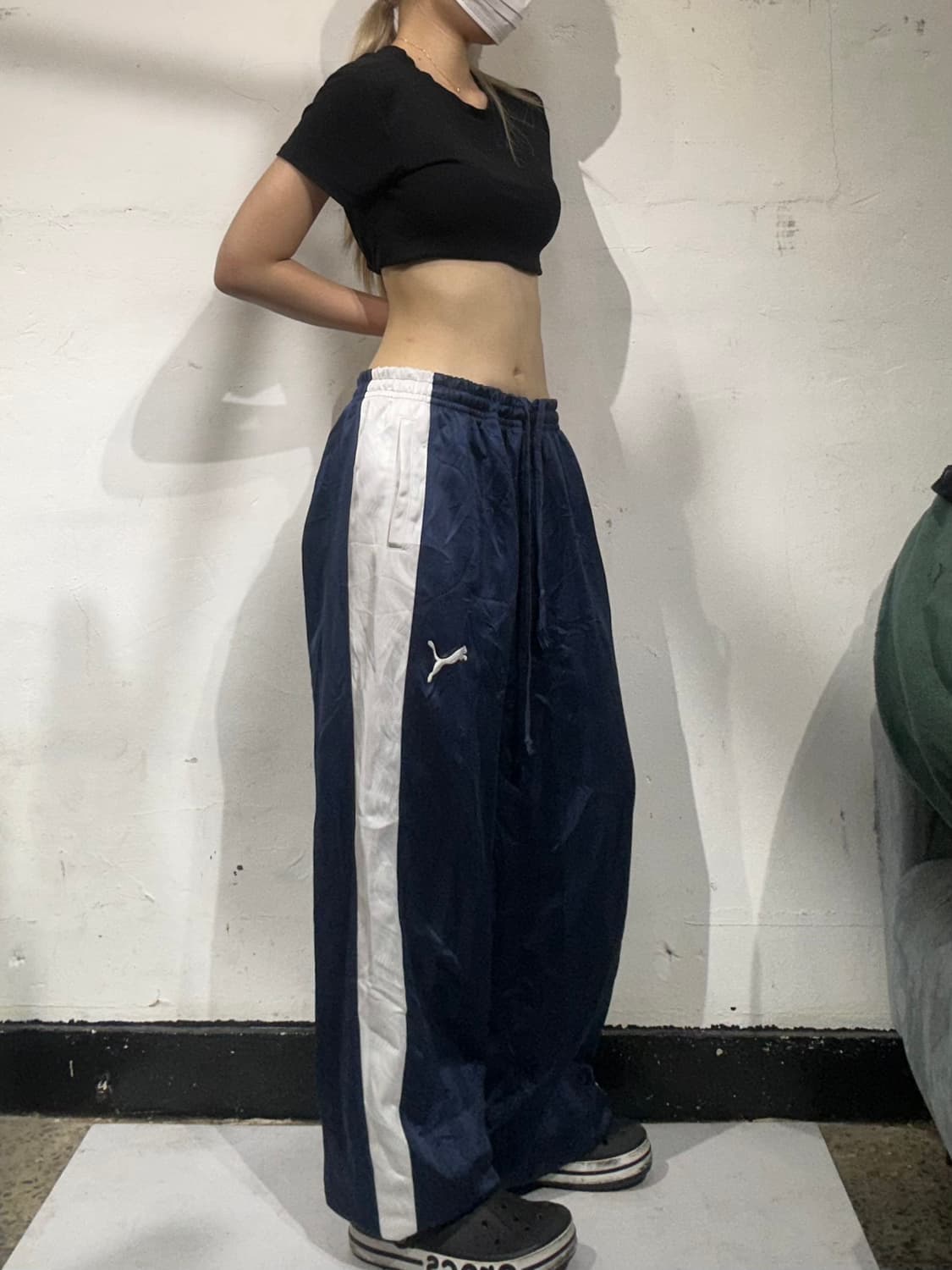 푸마 네이비 화이트 사이드 라인 와이드 팬츠 L 상품이미지1