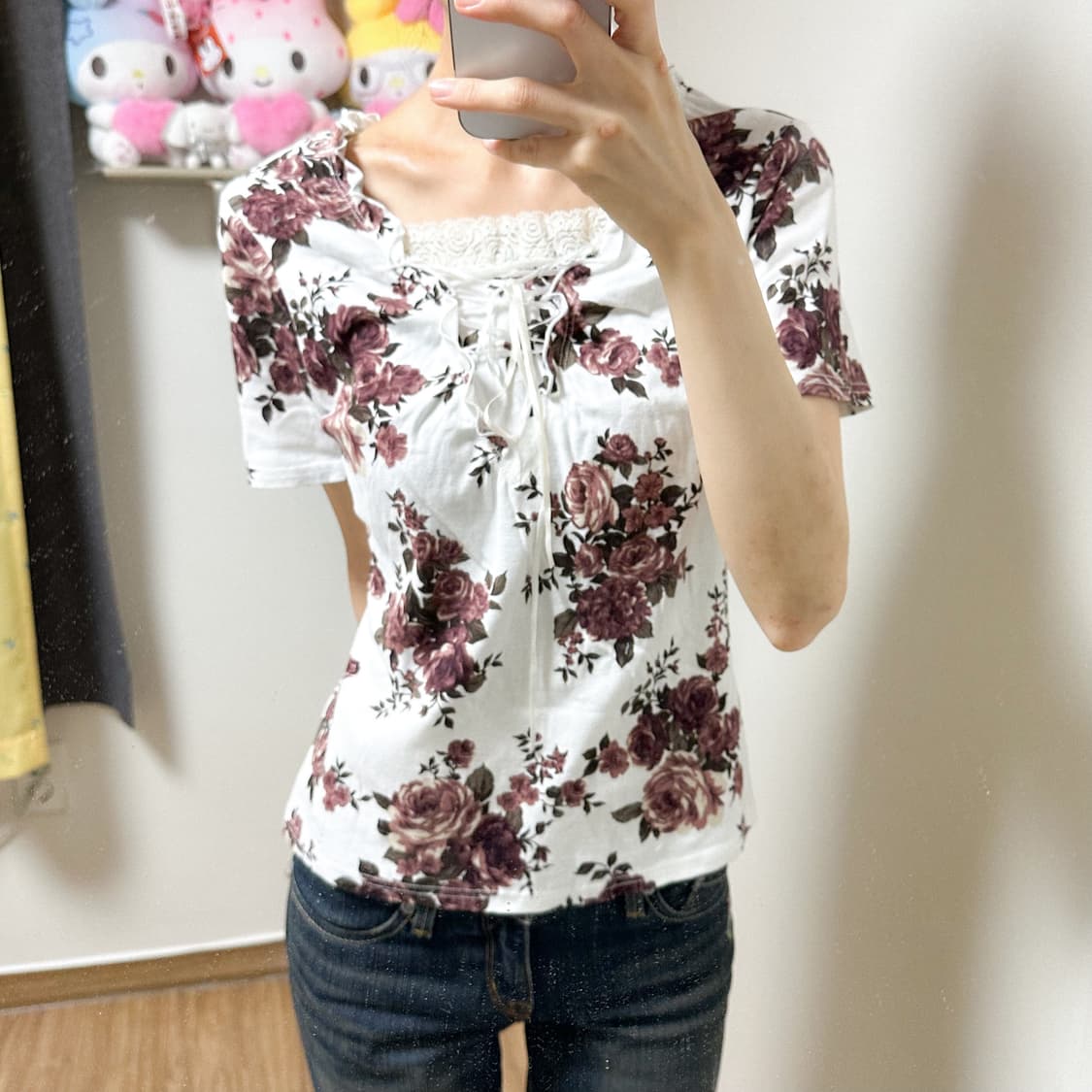 빈티지 화이트 플라워 리본 반팔 티셔츠 히메갸루 로걀 라떼 스나계 모리걸 상품이미지1