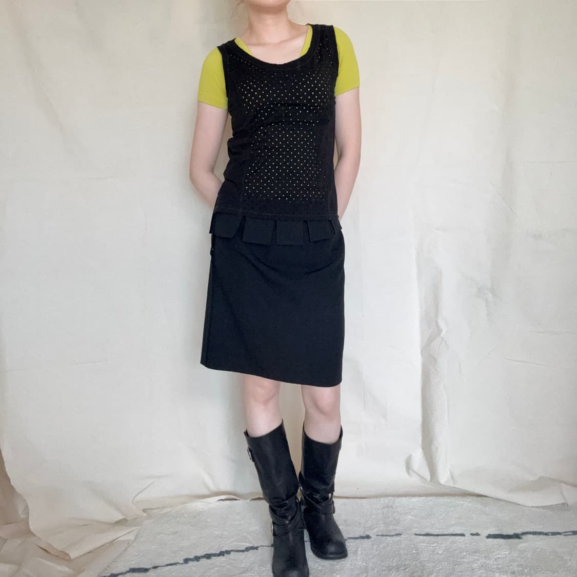Y's Pleated Flap Detail Black Mini Skirt 상품이미지3