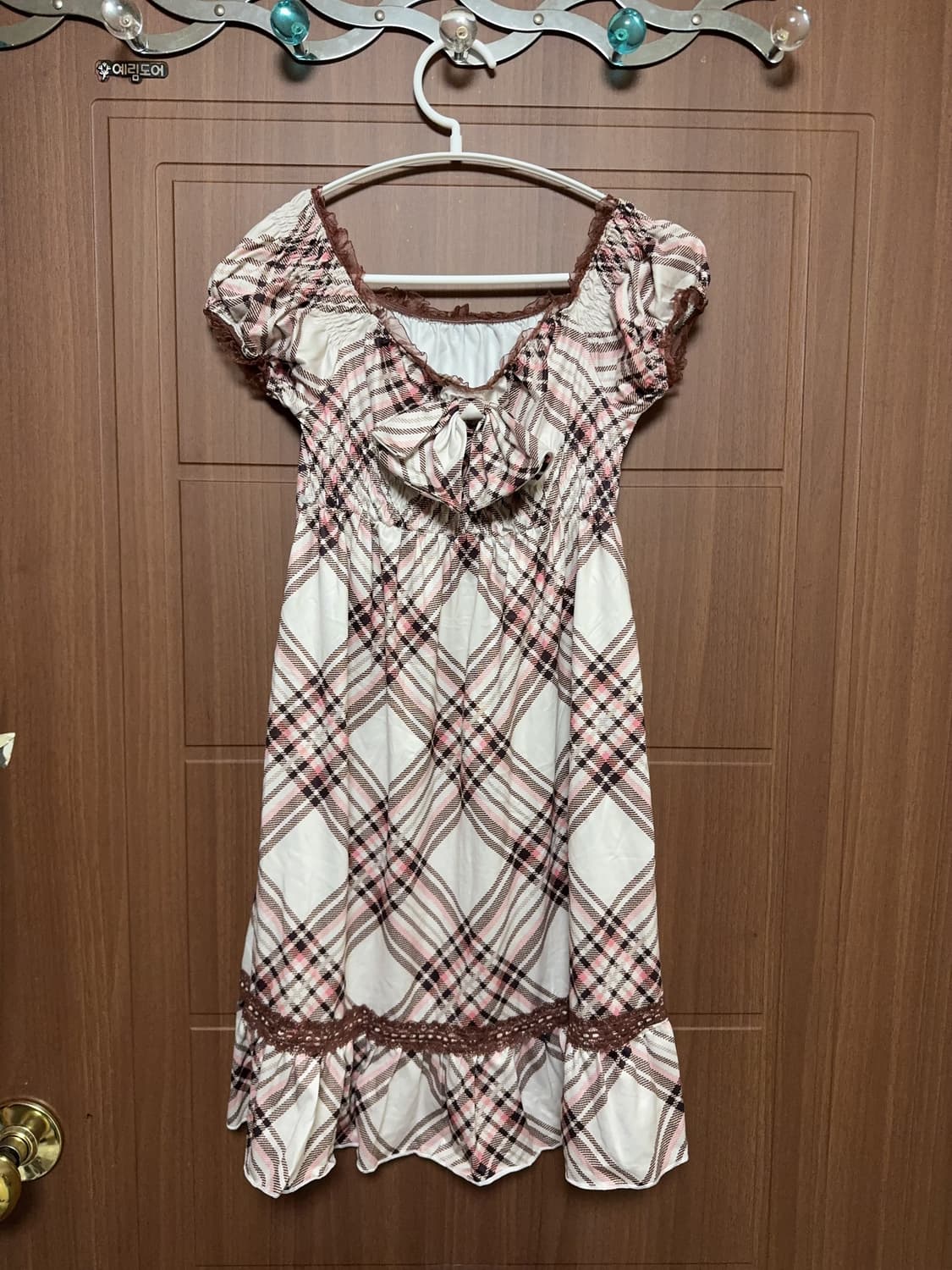 나눔) 리즈리사깔 빈티지 라떼갸루 체크 레이스 딸기초코 리본 반팔 원피스 상품이미지1