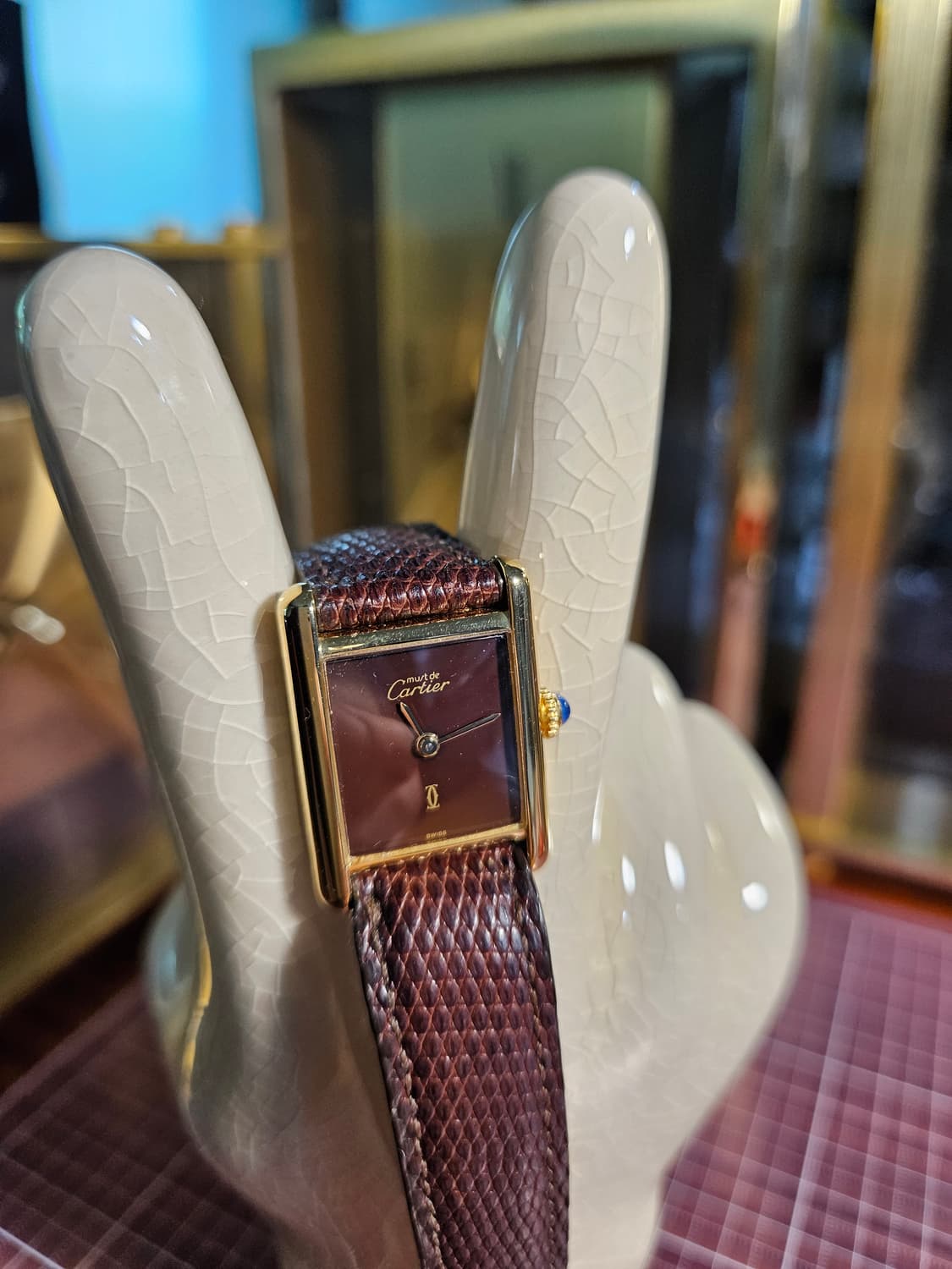 까르띠에 빈티지 머스트 탱크 925실버 18k금장 브라운 가죽 시계 수동 상품이미지1