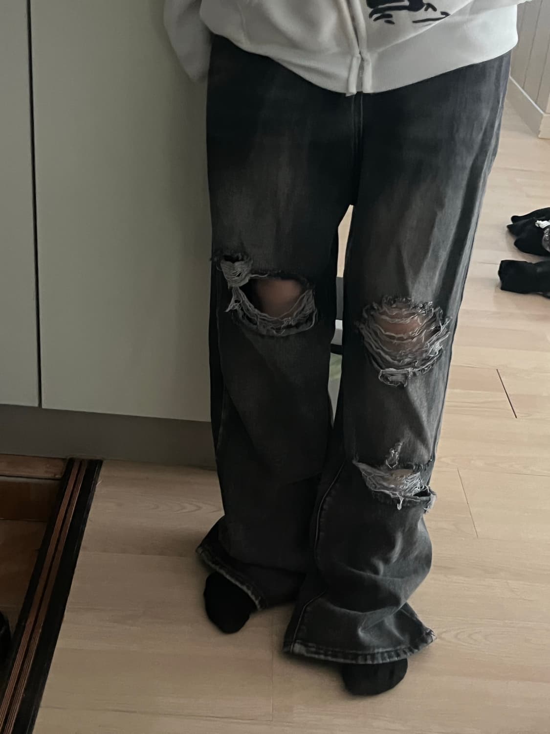 빈티지 찢청 데미지 워싱 그레이 데님 팬츠 상품이미지1